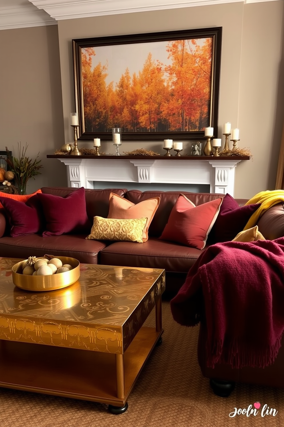 A cozy fall living room adorned with gold and copper accents. Plush cushions in warm tones are scattered across a deep brown leather sofa, complemented by a shimmering gold coffee table at the center. On the mantelpiece, copper candle holders in various heights create a warm ambiance, while a large autumn-themed artwork hangs above. Soft blankets in rich burgundy and mustard yellow drape over the arm of the sofa, inviting relaxation and comfort.