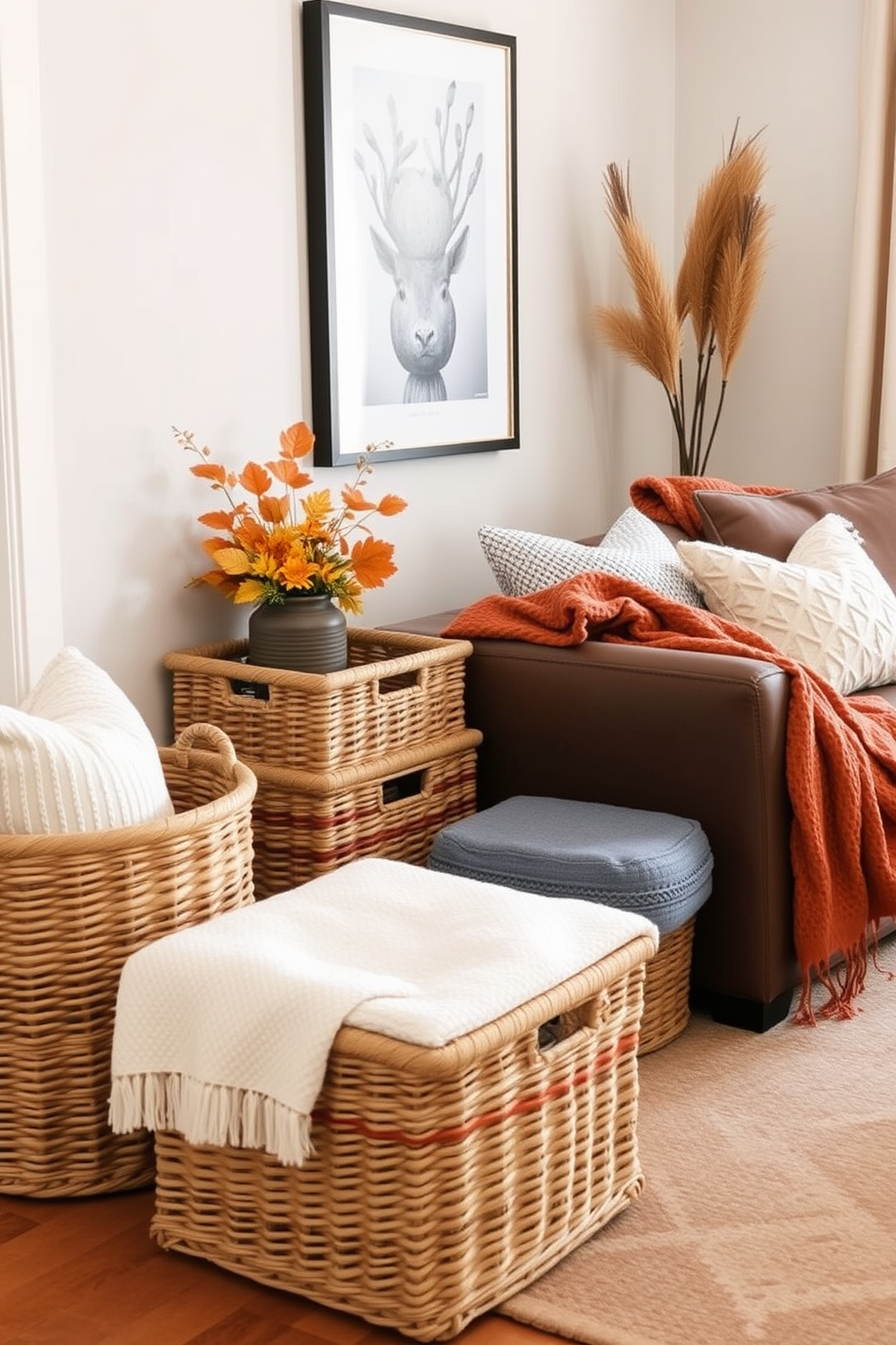 A cozy fall living room features woven baskets strategically placed around the space for stylish storage solutions. The warm tones of the autumn decor are complemented by plush throw blankets and decorative pillows that invite relaxation.