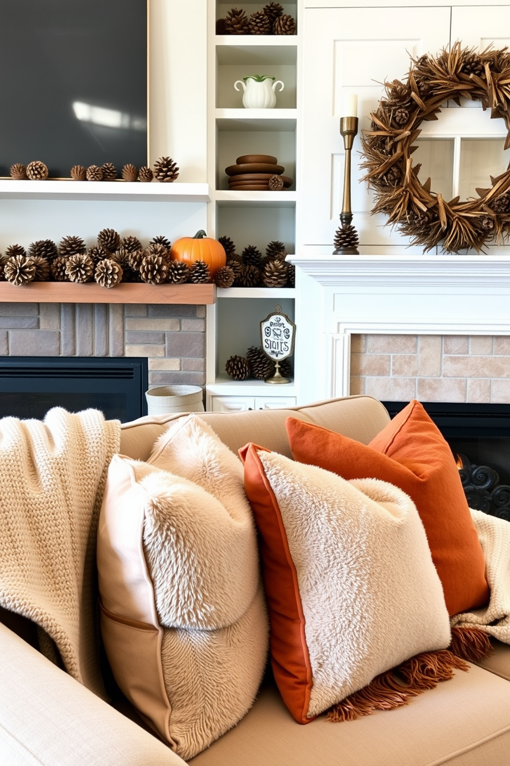 A cozy fall living room adorned with pinecones scattered artfully on the mantel and shelves. The warm hues of autumn are complemented by plush throw pillows and a soft blanket draped over the couch.