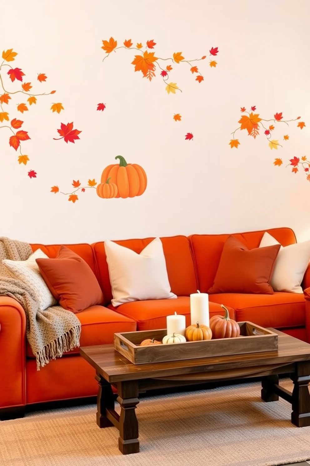 Fall themed wall decals featuring colorful leaves and pumpkins adorn the walls creating a cozy atmosphere. A plush orange sofa is complemented by soft throw pillows in warm earth tones and a knitted blanket draped over the armrest. A rustic wooden coffee table sits in the center, topped with a decorative tray holding candles and small gourds. The room is illuminated by soft lighting, enhancing the inviting fall ambiance.