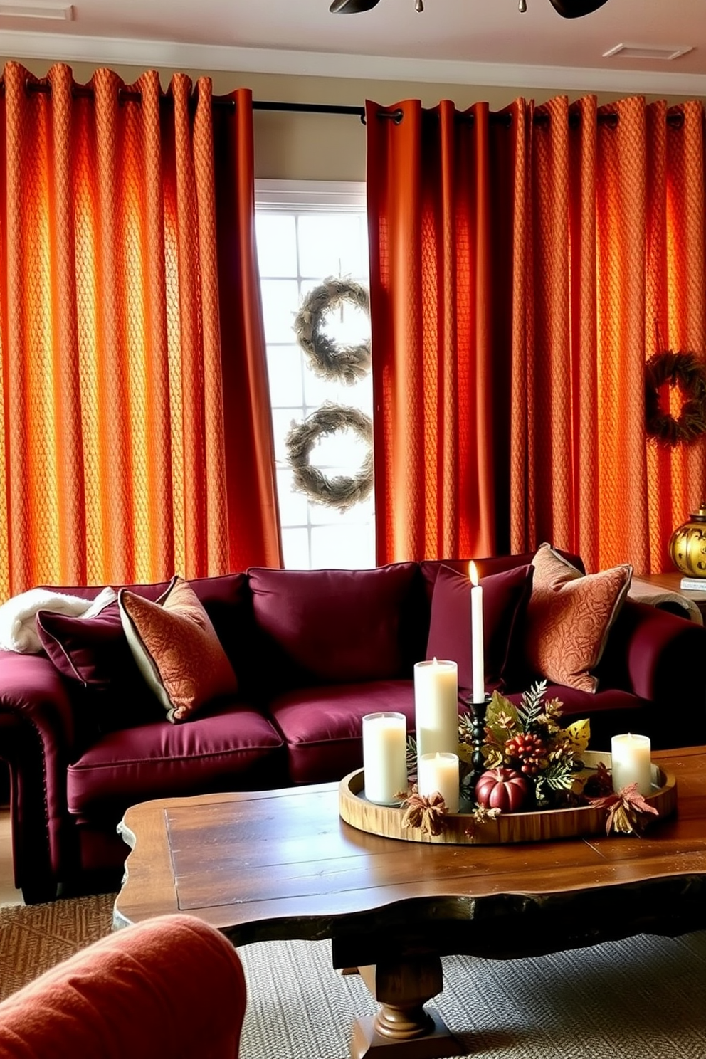 Textured curtains in warm, rich tones frame a cozy living room adorned with seasonal decorations. A plush sofa in deep burgundy is paired with a rustic wooden coffee table, topped with autumn-themed decor and candles.