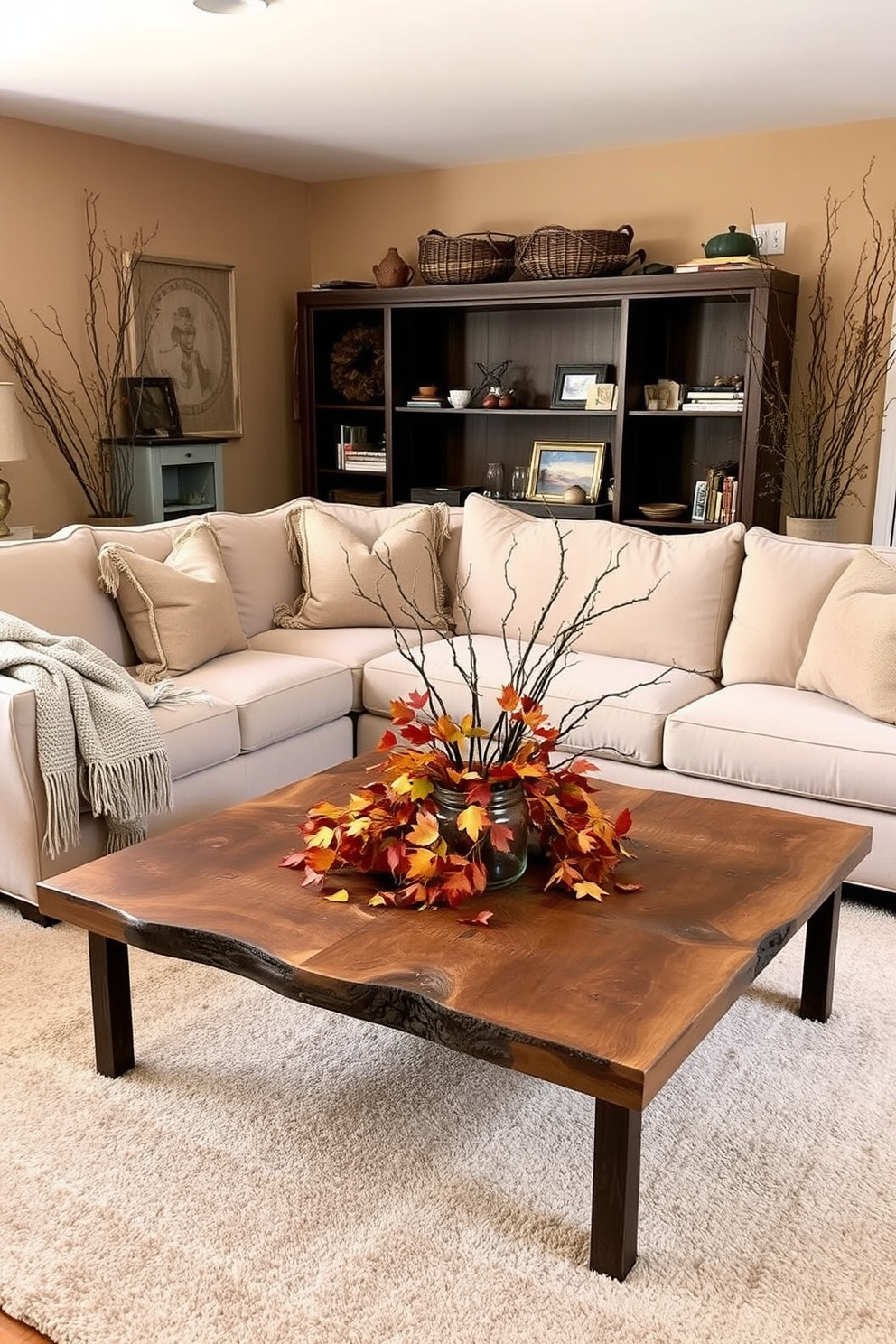 A cozy fall living room adorned with natural elements like branches and leaves. A large, plush sofa is complemented by earthy-toned cushions and a woven throw blanket draped over one arm. In the center, a rustic wooden coffee table holds a centerpiece of colorful autumn leaves and small branches in a glass vase. The walls are painted in warm neutral tones, and a soft area rug in muted colors anchors the space.