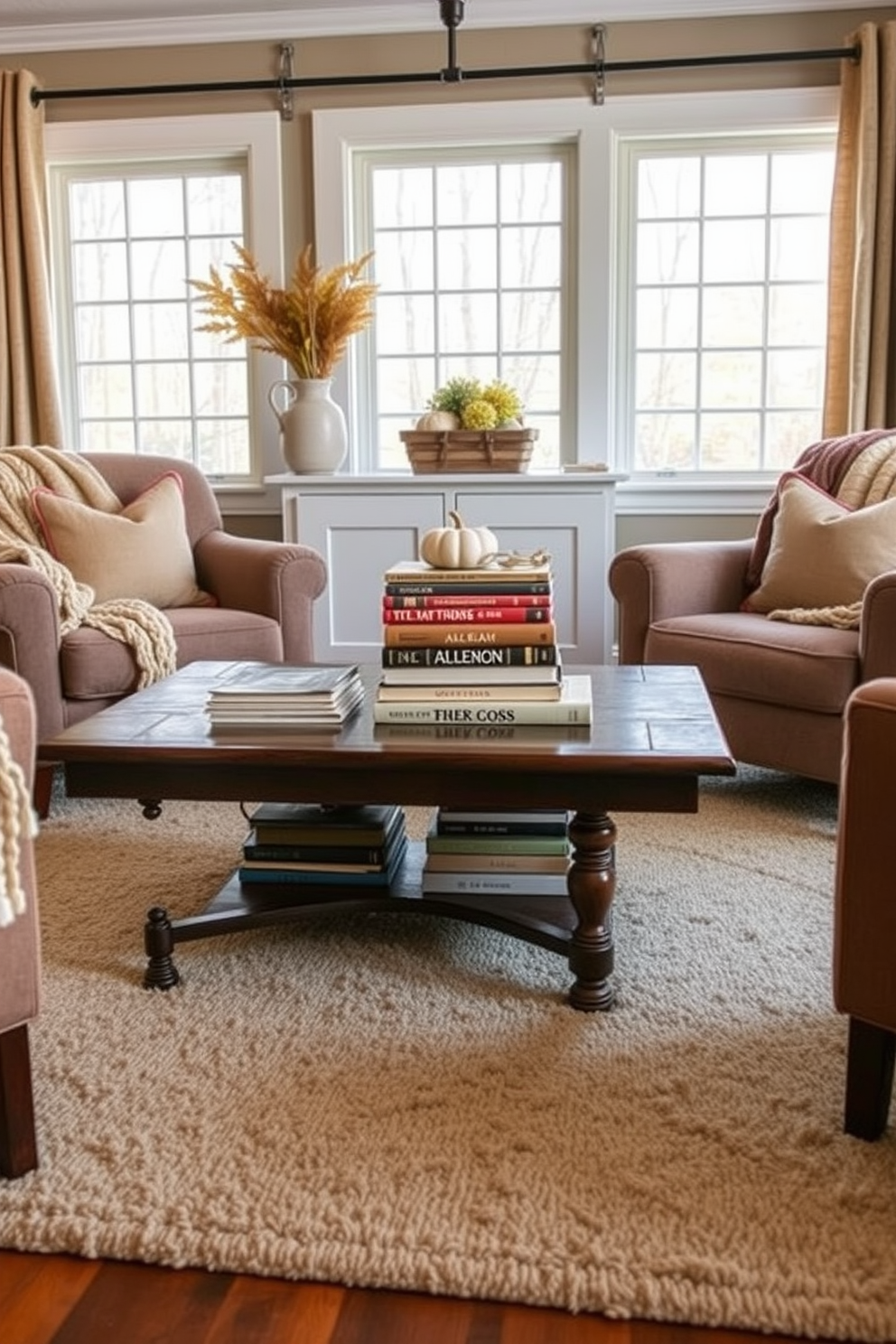 A cozy fall living room featuring a coffee table adorned with vintage books stacked artfully. Surrounding the table are plush armchairs draped with warm, knitted throws and a soft area rug that complements the autumn color palette.