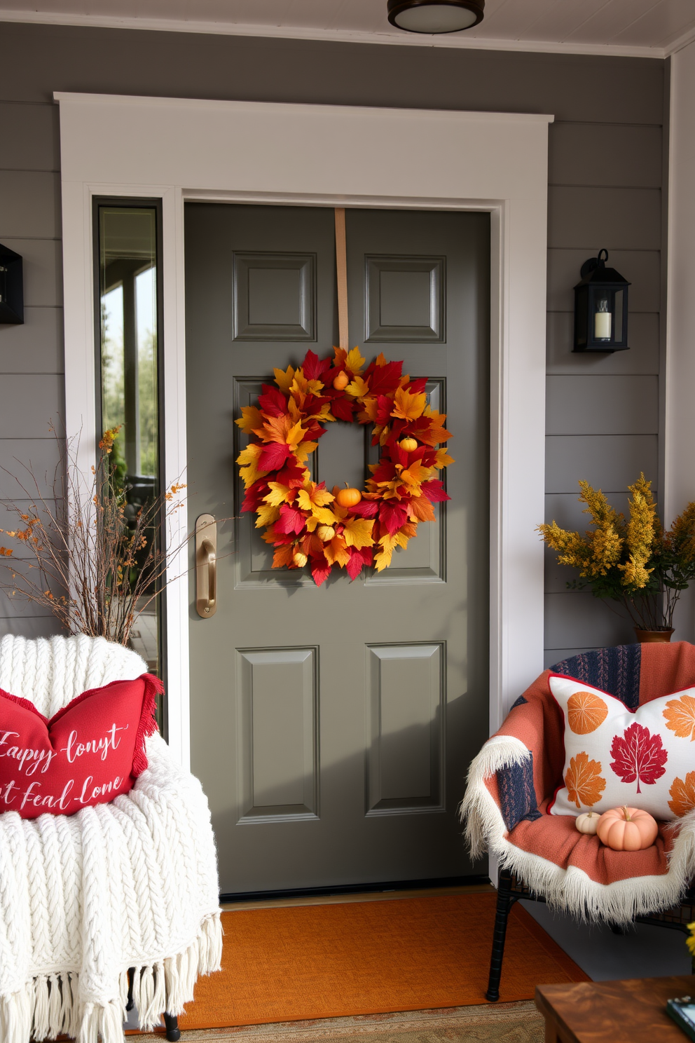 A charming front door adorned with a seasonal wreath made of vibrant autumn leaves and small pumpkins. The surrounding area features a cozy fall-themed living room with plush throw blankets in warm hues and decorative pillows showcasing seasonal patterns.