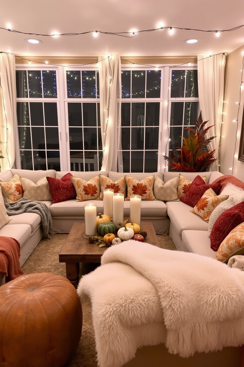 A cozy fall living room adorned with string lights that create a warm and inviting atmosphere. The space features a plush sectional sofa draped with soft, textured blankets and an array of colorful autumn-themed throw pillows. In the center, a rustic wooden coffee table holds a collection of pumpkins and candles, enhancing the seasonal charm. Large windows are dressed with sheer curtains that allow natural light to filter in, complementing the glow of the string lights.