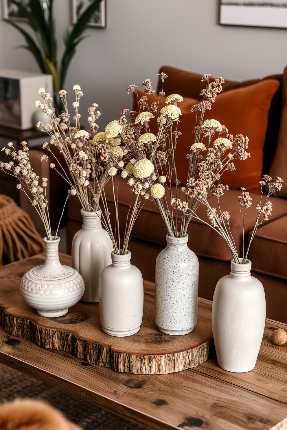 A cozy living room setting featuring neutral-toned vases filled with dried flowers. The vases are arranged on a rustic wooden coffee table surrounded by plush seating in warm earth tones.