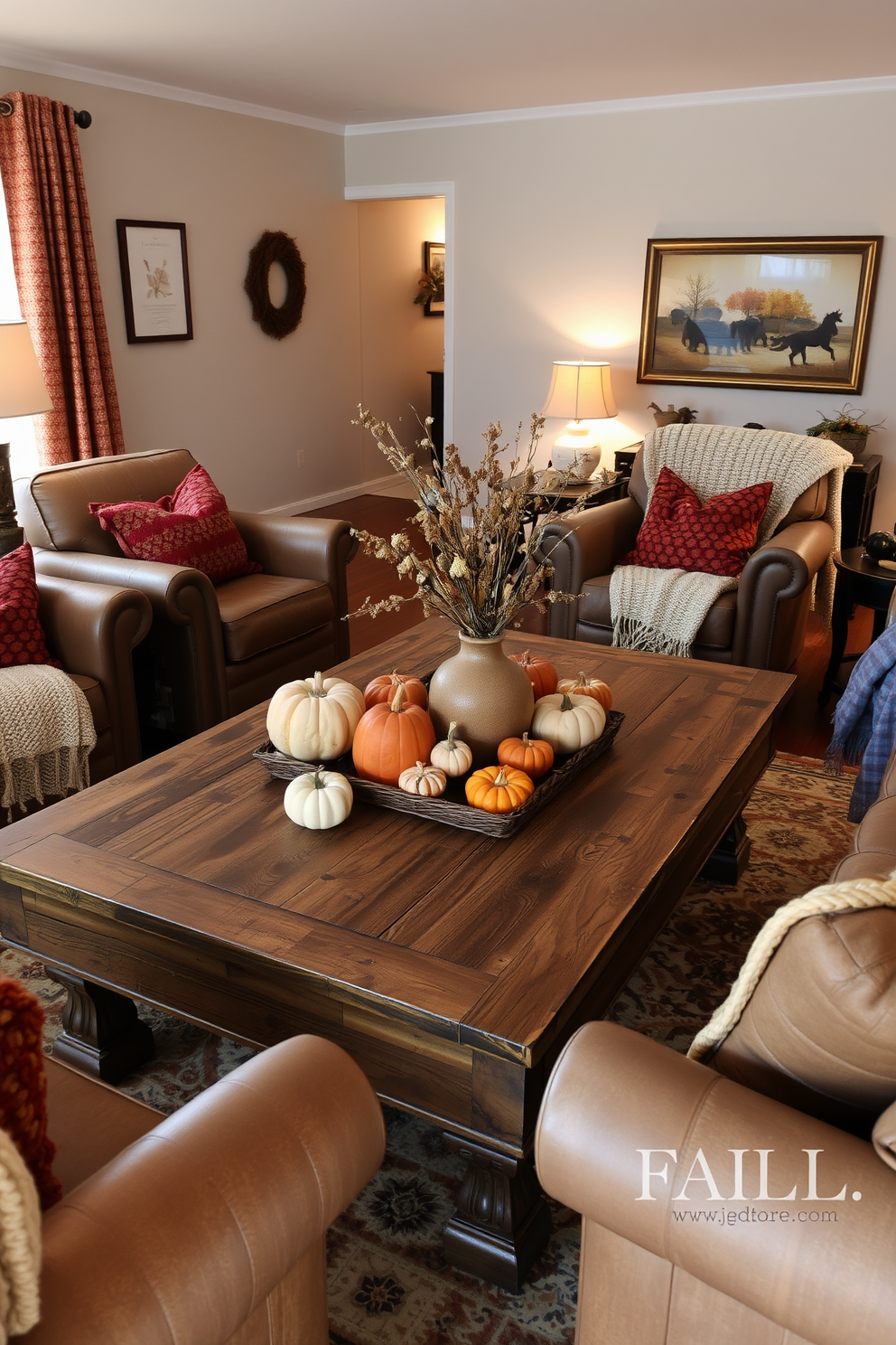 A rustic wooden coffee table serves as the centerpiece of the fall-themed living room. Surrounding the table are cozy armchairs adorned with warm, textured blankets and seasonal throw pillows. The table is decorated with a collection of small pumpkins in various colors and sizes, along with a centerpiece of dried flowers in an earthy vase. Soft, ambient lighting from nearby lamps casts a warm glow, enhancing the inviting atmosphere of the space.