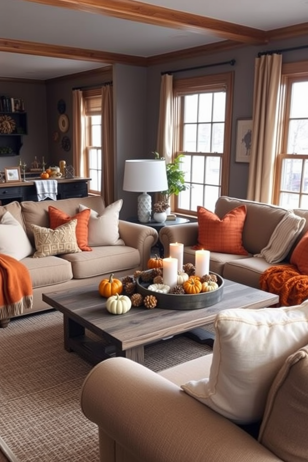 A cozy living room featuring comfortable seating with oversized cushions in warm autumn colors. The space is adorned with soft throw blankets and a rustic coffee table surrounded by seasonal decor like pumpkins and candles.