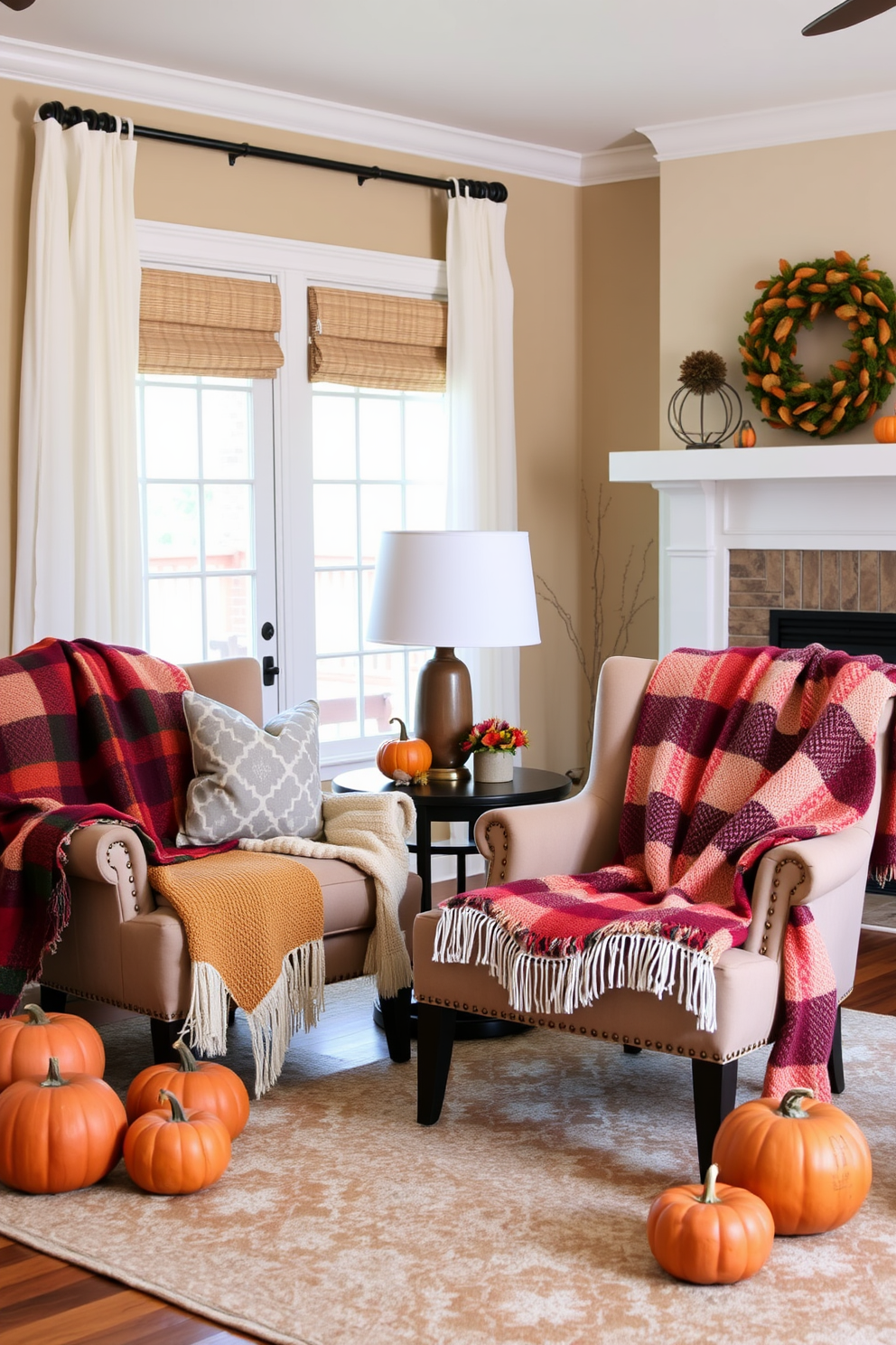 A cozy living room adorned with colorful throw blankets draped over stylish chairs. The space features warm autumn hues with pumpkins and seasonal decor enhancing the inviting atmosphere.