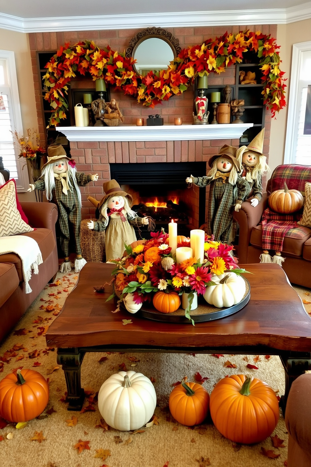 Charming scarecrows are arranged playfully throughout a cozy fall living room. They are positioned near a warm fireplace, surrounded by colorful autumn leaves and pumpkins. The furniture features rich, earthy tones with plush cushions and a soft throw blanket. A rustic coffee table holds a centerpiece of seasonal flowers and candles, creating an inviting atmosphere.