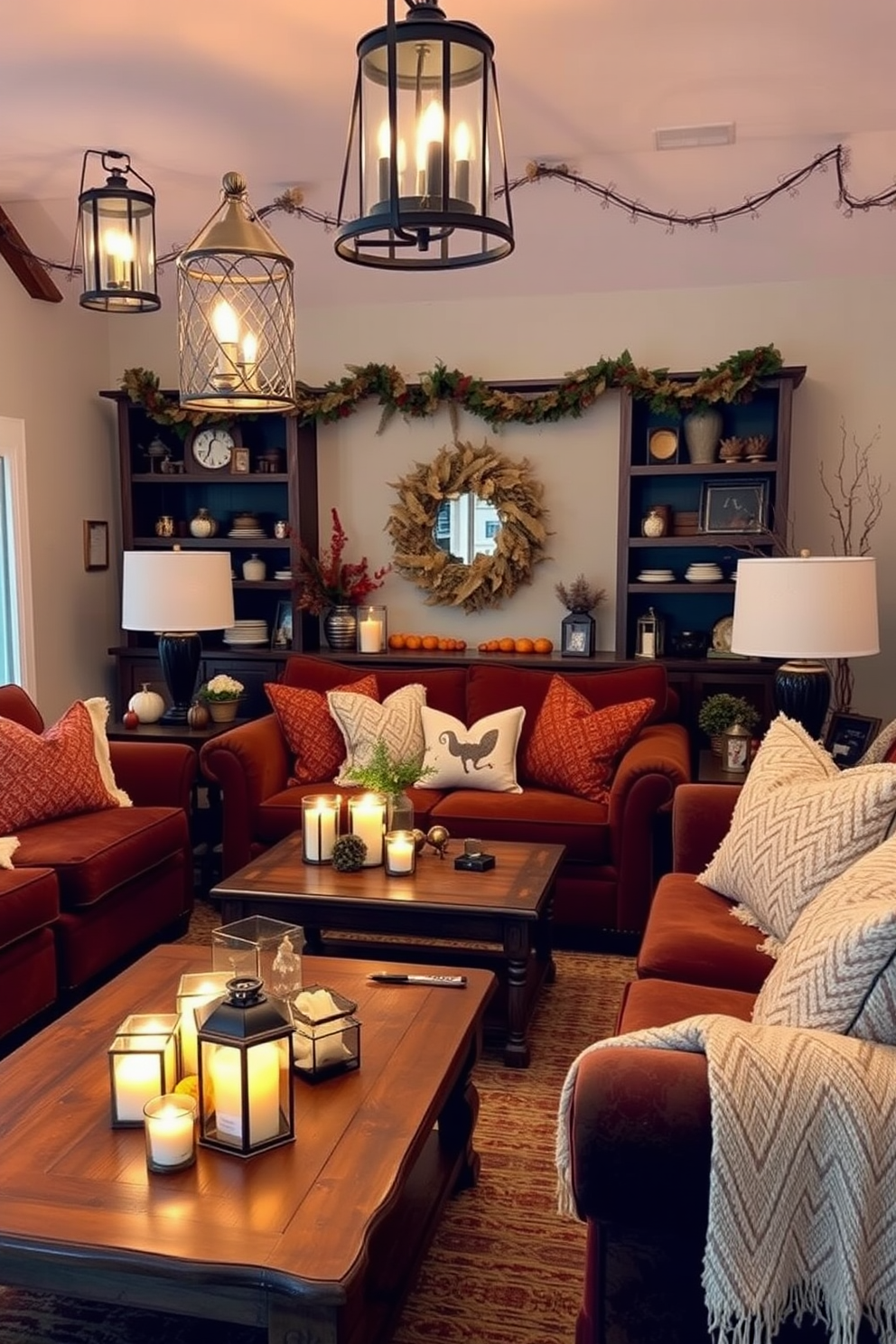 A cozy fall living room adorned with decorative lanterns casting soft, warm light throughout the space. Plush seating in rich autumn hues complements the rustic wooden coffee table, while seasonal decorations add a touch of festive charm.