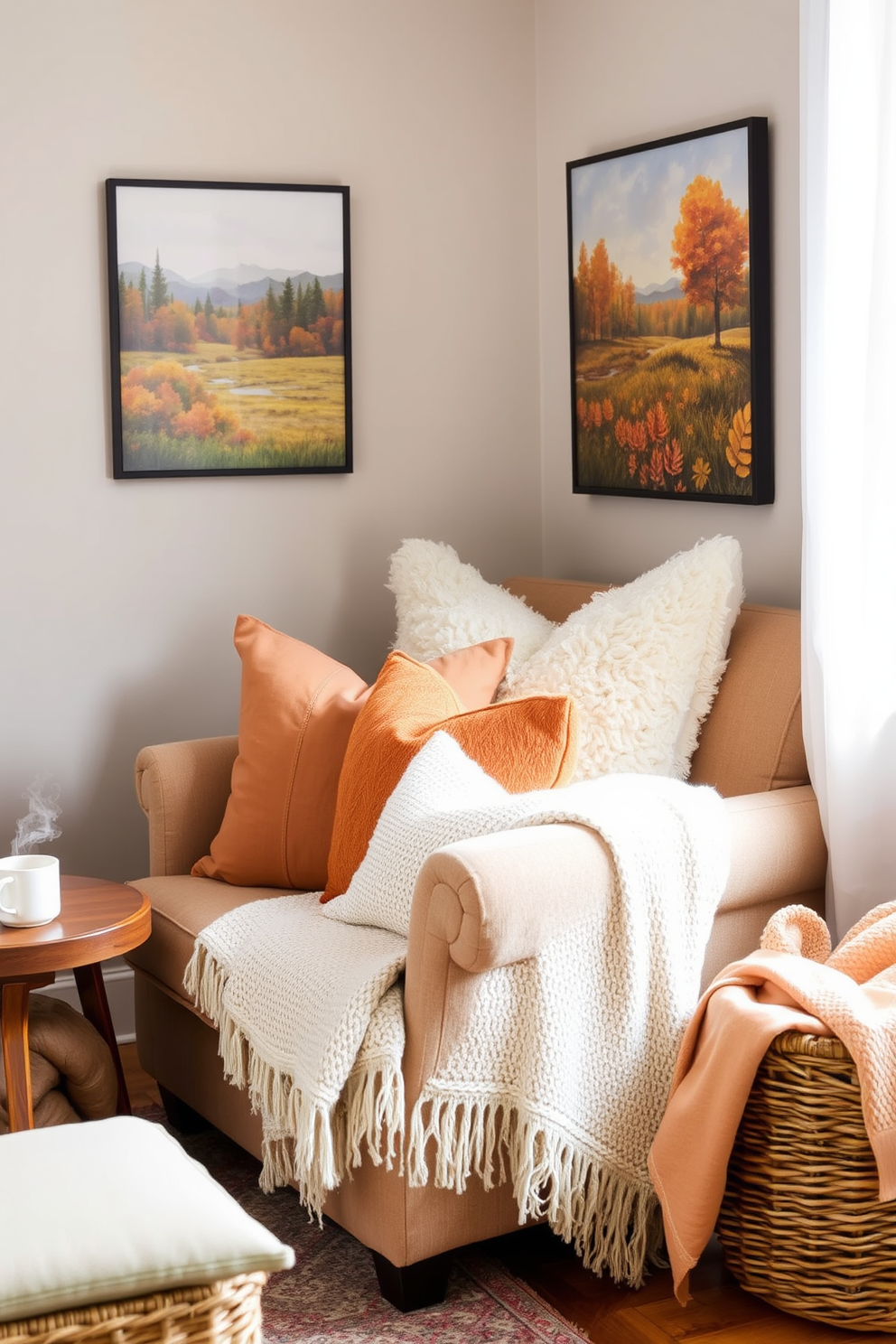 A cozy nook filled with layered cushions in warm autumn hues creates an inviting atmosphere. Plush throw pillows of varying sizes and textures are arranged on a deep-seated armchair, complemented by a soft knitted blanket draped over the side. The walls are adorned with seasonal artwork featuring fall landscapes, and a small wooden side table holds a steaming cup of cider. A woven basket nearby is filled with cozy throws, enhancing the relaxed vibe of this fall living room space.