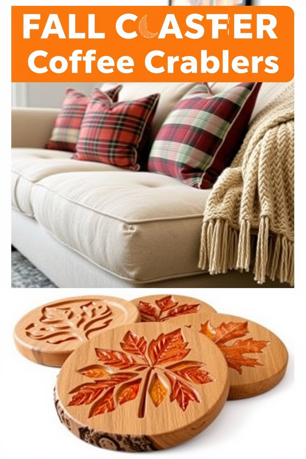 Fall themed coasters for coffee tables. The coasters are made of natural wood with intricate leaf designs carved into the surface, showcasing autumn colors like orange, red, and yellow. Fall living room decorating ideas. The room features a cozy arrangement with a plush, oversized sofa adorned with plaid throw pillows, and a warm, knitted blanket draped over the armrest.