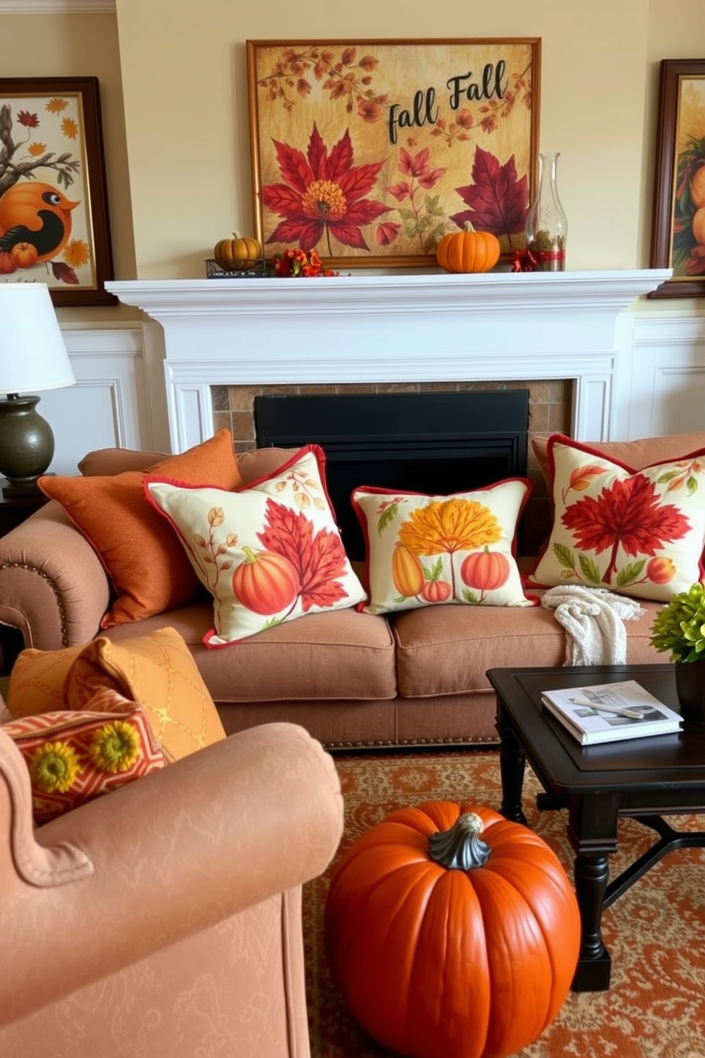 A cozy fall living room adorned with seasonal pillows featuring vibrant autumn motifs. The warm color palette includes shades of orange, red, and gold, creating an inviting atmosphere.