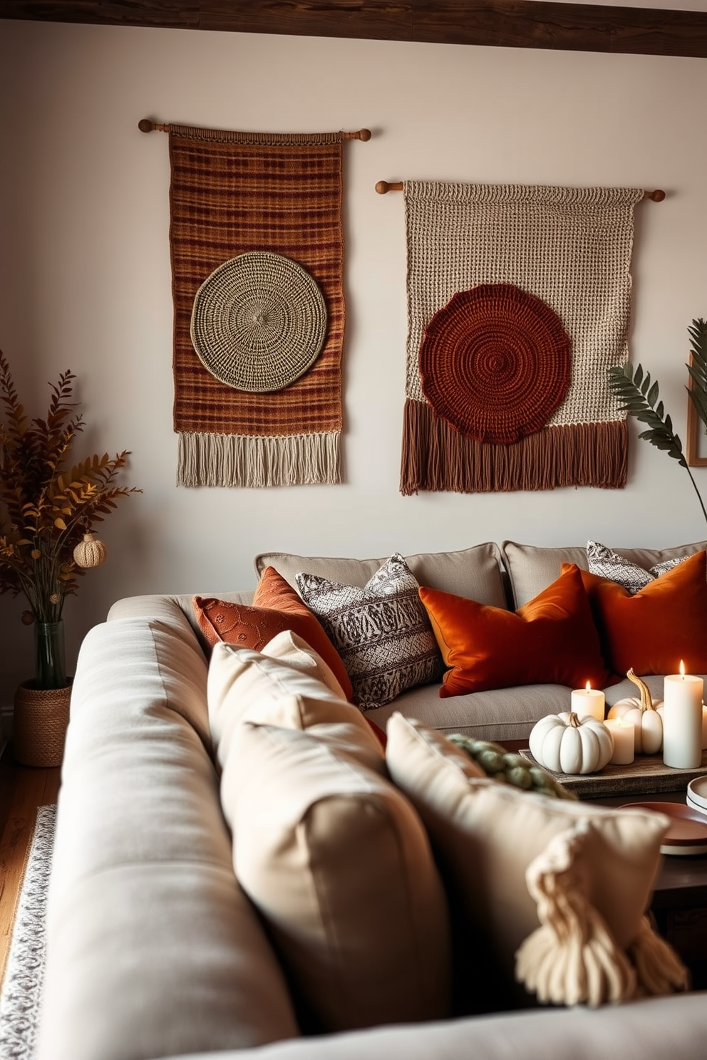 A cozy fall living room featuring textured wall hangings that add depth and visual interest to the space. The room is adorned with warm earthy tones, complemented by plush seating and seasonal decor like pumpkins and candles.