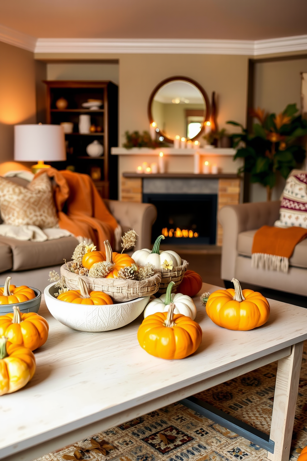 A cozy fall living room adorned with mini pumpkins in decorative bowls scattered across the coffee table. The warm hues of autumn are reflected in the soft throw blankets draped over the sofa and the flickering candlelight that creates an inviting atmosphere.