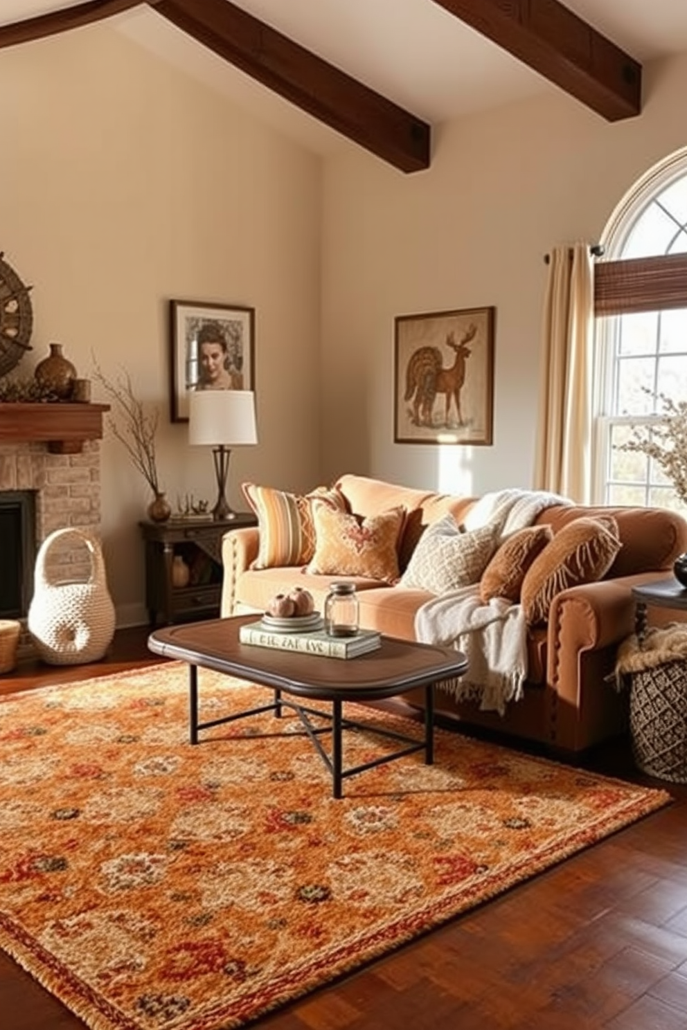 A cozy fall living room features warm-toned area rugs that add comfort and texture to the space. The room is adorned with plush seating in earthy tones, complemented by decorative throw pillows and a soft blanket draped over the couch.