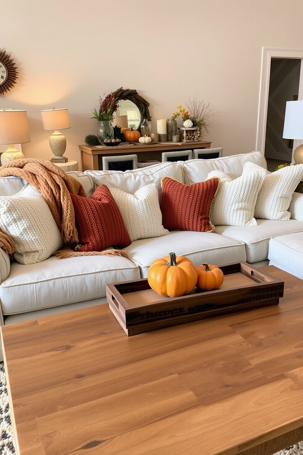 Cozy knit pillows in various shades of cream and rust are scattered across a plush, oversized sofa. A warm throw blanket is draped casually over the armrest, inviting relaxation in a beautifully decorated fall living room. The space is adorned with seasonal decorations, including a rustic wooden coffee table topped with a small pumpkin centerpiece. Soft ambient lighting from table lamps creates a welcoming atmosphere, enhancing the inviting feel of the room.