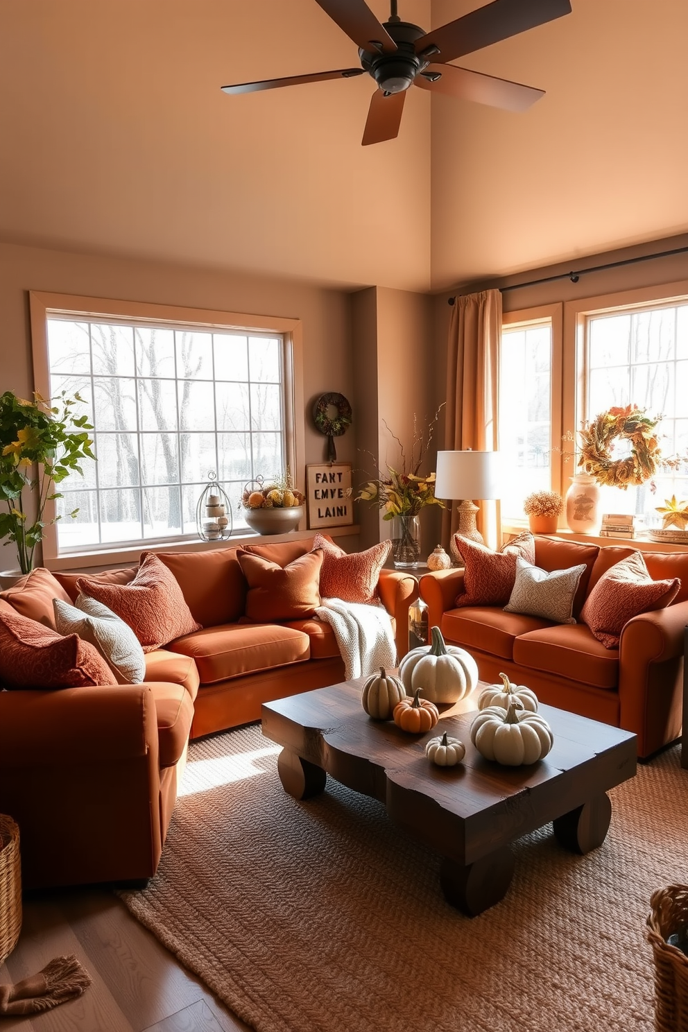 A cozy living room adorned with an earthy color palette featuring burnt orange accents. The walls are painted in a warm taupe, complemented by a plush rust-colored sofa and a collection of textured throw pillows in deep browns and burnt oranges. A rustic wooden coffee table sits in the center, surrounded by a woven area rug that adds warmth to the space. Large windows allow natural light to flood in, showcasing a curated selection of autumn-themed decor, including decorative pumpkins and seasonal foliage.