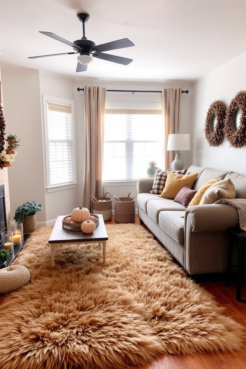 A cozy fall living room featuring a plush faux fur rug that adds warmth underfoot. The room is adorned with seasonal decorations, including pumpkins and warm-toned throw pillows on a comfortable sofa.