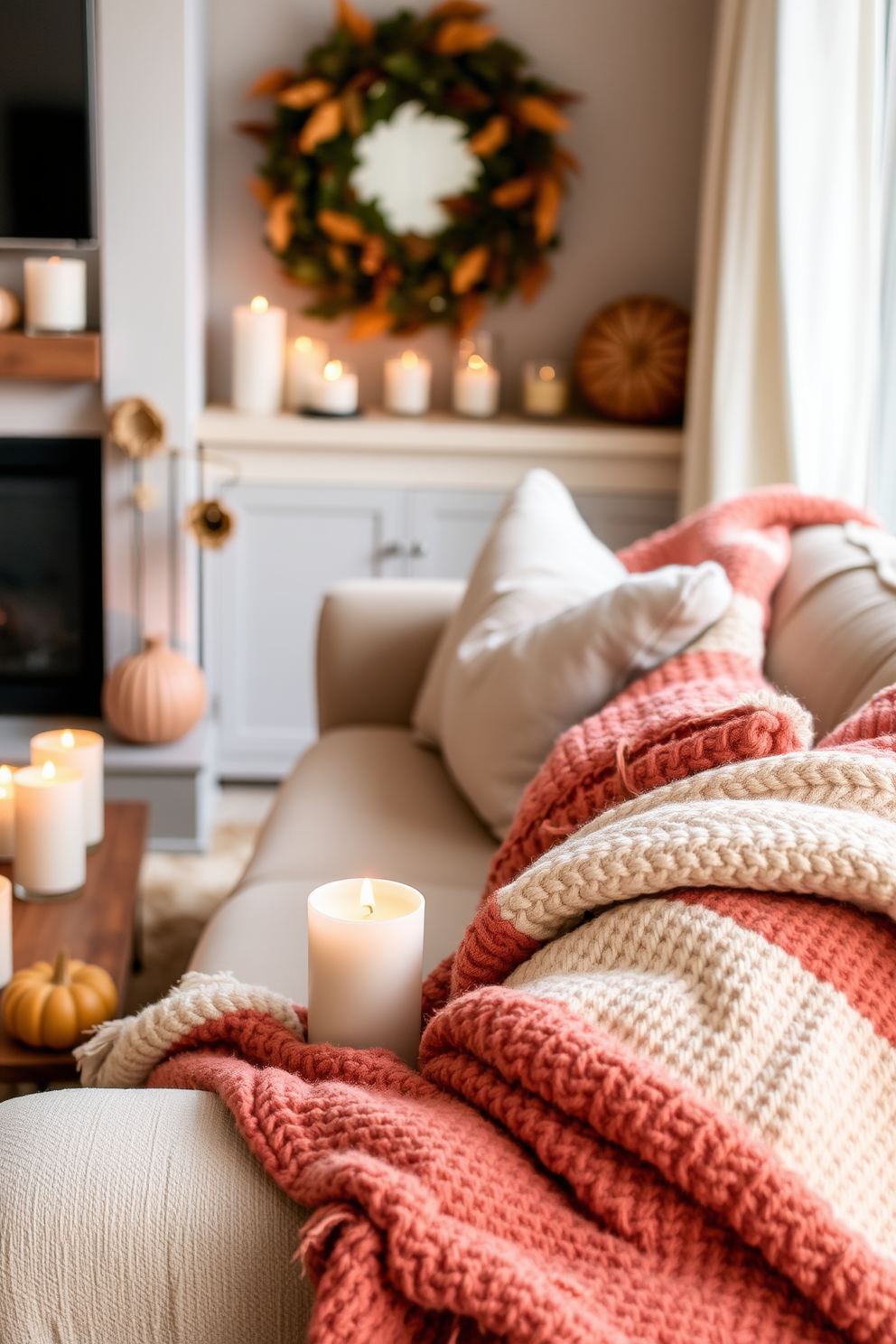 A cozy fall living room setting filled with candles in rich autumn scents. Plush throw blankets in warm tones are draped over a soft sofa, creating an inviting atmosphere.