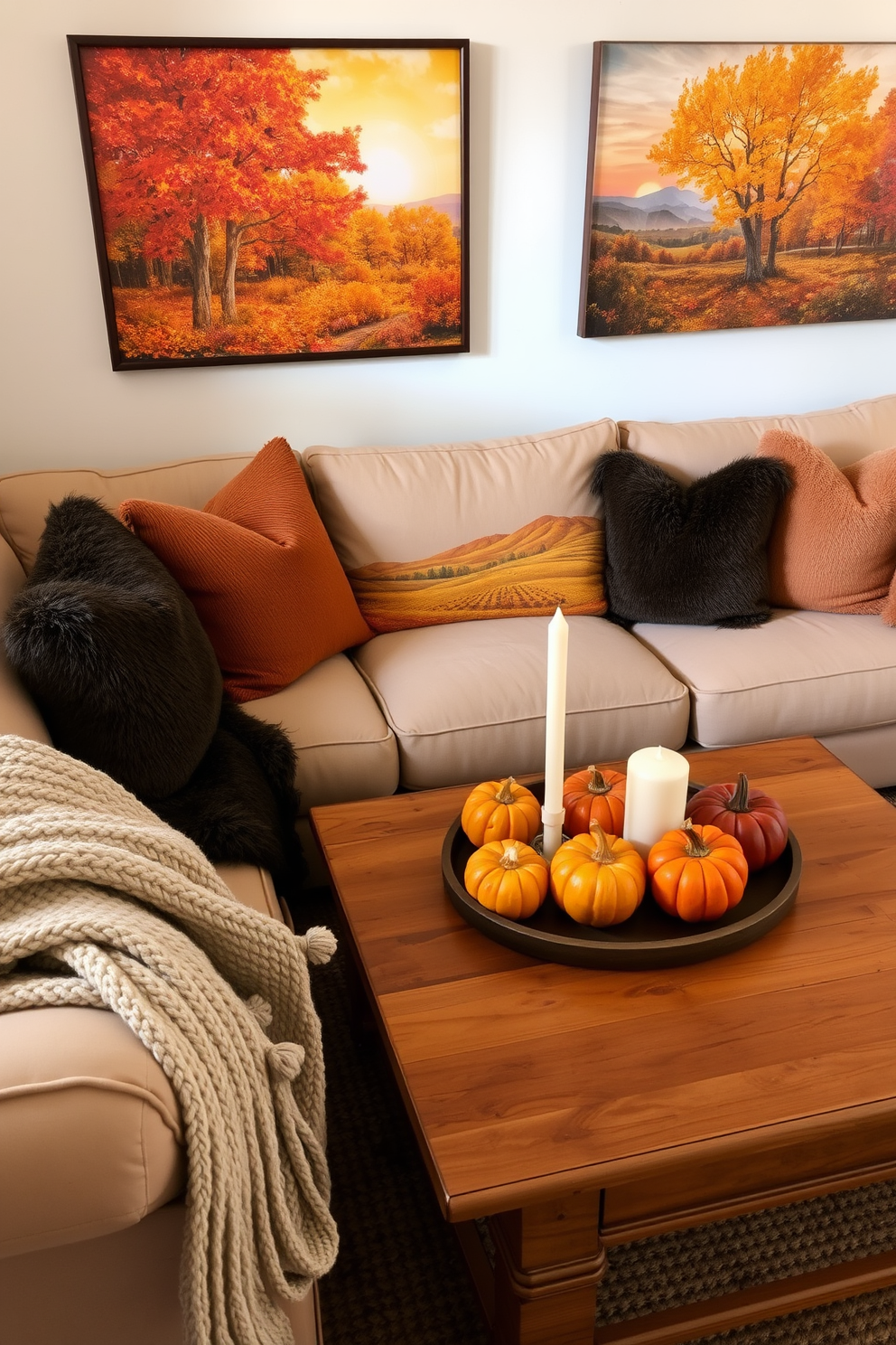 A cozy living room adorned with seasonal artwork depicting vibrant fall landscapes. Plush throw pillows in warm tones complement a soft, oversized sofa, while a wooden coffee table showcases a centerpiece of pumpkins and candles. Rich, golden hues from the autumn artwork enhance the inviting atmosphere of the room. A knitted blanket drapes over the arm of the sofa, inviting relaxation and comfort on crisp fall evenings.