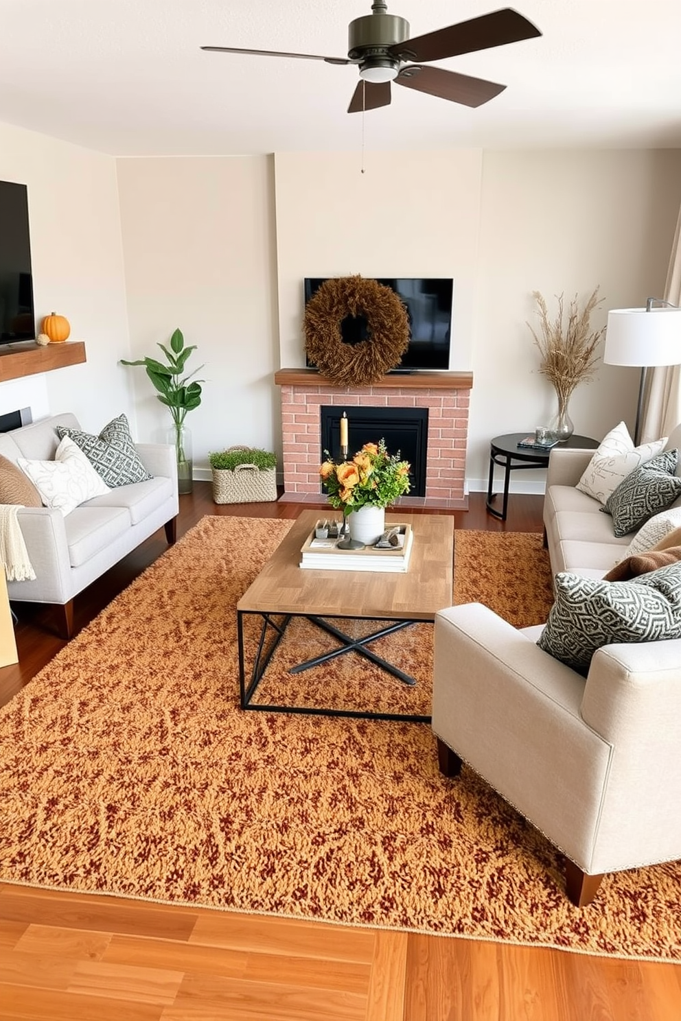 A cozy fall living room featuring layered rugs that create depth and warmth. The space includes a plush area rug in warm tones topped with a smaller, patterned rug for added texture.