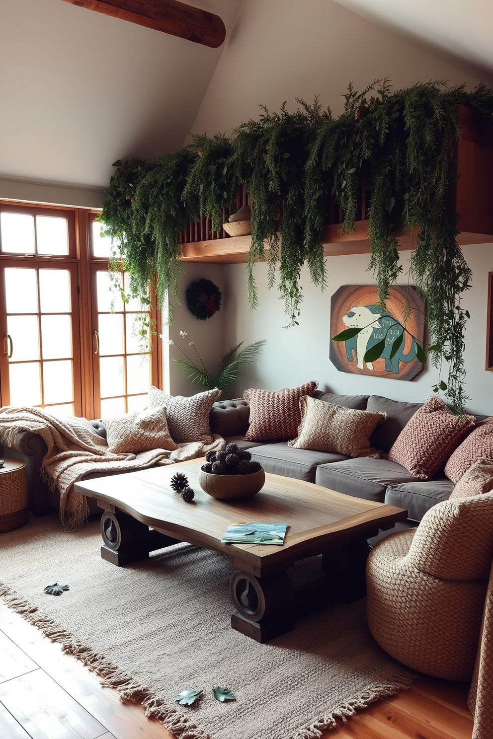 A cozy loft space adorned with natural elements like pinecones and leaves. The decor features a rustic wooden coffee table surrounded by plush seating, with greenery cascading from the shelves above. Soft, warm lighting enhances the inviting atmosphere, highlighting the textures of woven blankets and cushions. A large window allows natural light to flood the room, creating a serene connection to the outdoors.