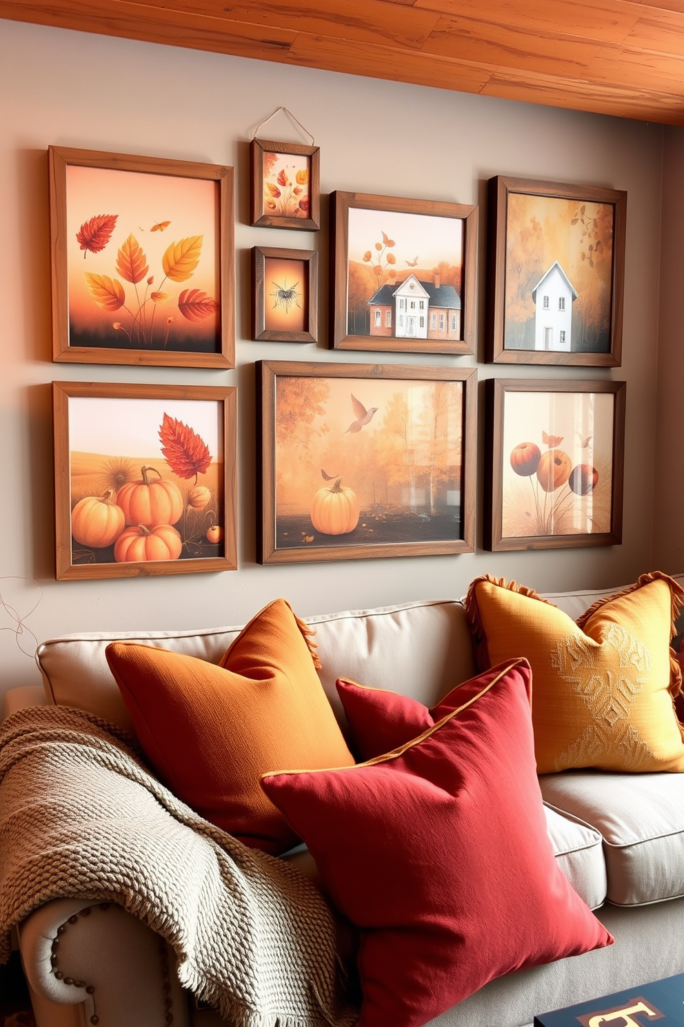 A gallery wall adorned with a collection of autumn-themed art pieces featuring warm hues of orange, red, and yellow. The artwork is framed in rustic wooden frames, creating a cozy and inviting atmosphere in the loft space. Below the gallery wall, a comfortable seating area is arranged with a plush sofa and a textured throw blanket. Decorative pillows in seasonal colors complement the overall fall aesthetic, enhancing the warmth of the room.