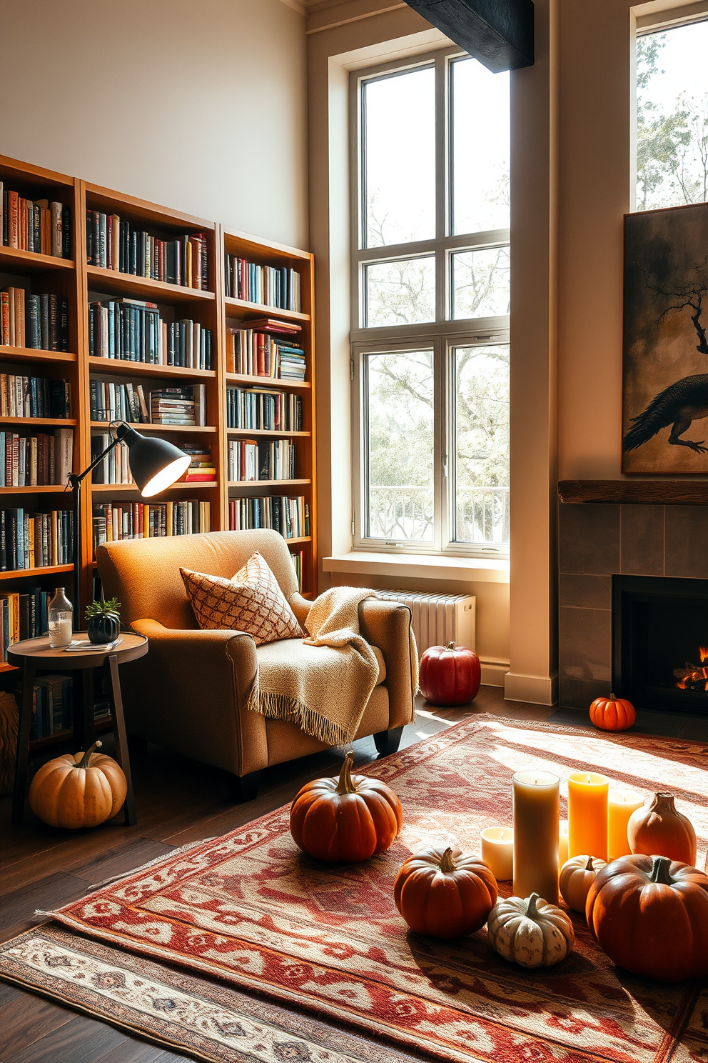 A cozy reading nook filled with soft natural light. A plush armchair is positioned next to a large window, accompanied by a small side table that holds a steaming cup of tea. The walls are adorned with warm-toned bookshelves, overflowing with an array of colorful books. A soft throw blanket is draped over the armchair, and a floor lamp casts a gentle glow over the space, creating an inviting atmosphere. Fall loft decorating ideas feature rich autumn colors and textures. A large area rug with earthy tones anchors the seating area, while decorative pumpkins and candles add seasonal charm.