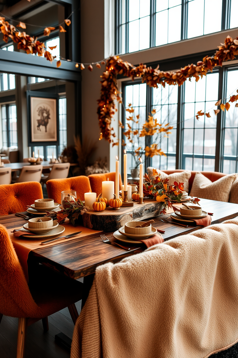 A warm and inviting dining table is set with rich autumn hues featuring deep oranges, rusts, and golden yellows. Centered on the table is a rustic wooden centerpiece adorned with small pumpkins and candles, creating a cozy atmosphere. The loft is decorated with plush textiles in earthy tones, including a soft throw blanket draped over a modern sofa. Large windows allow natural light to flood the space, highlighting the seasonal decor with garlands of dried leaves and twinkling fairy lights.