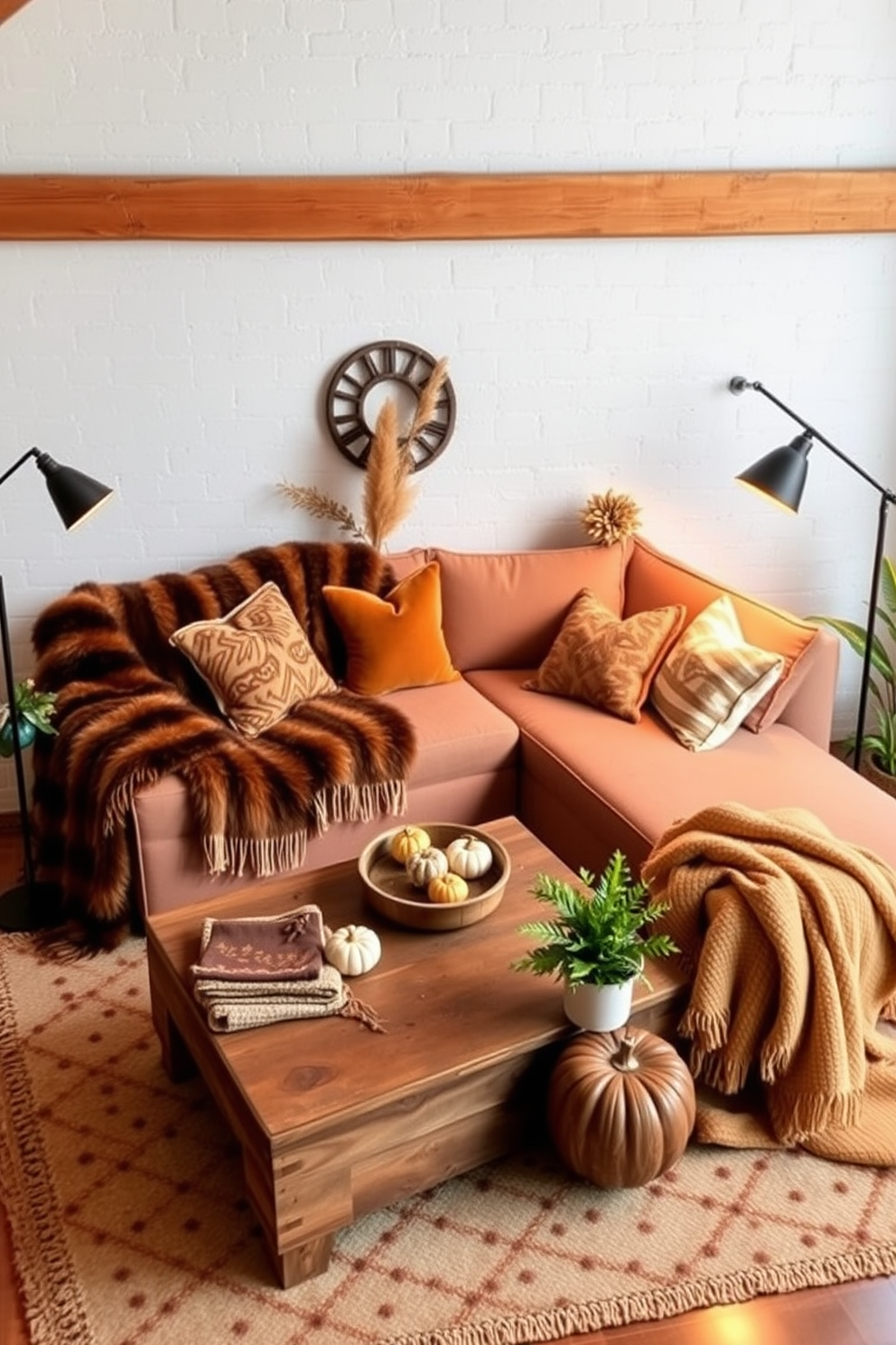 A cozy loft space adorned with faux fur throws draped over a plush sectional sofa. The warm tones of the autumn season are reflected in decorative pillows and a rustic wooden coffee table. Soft lighting from stylish floor lamps creates an inviting ambiance, while a mix of textured blankets adds layers of comfort. Natural elements like potted plants and seasonal decor enhance the fall theme throughout the space.