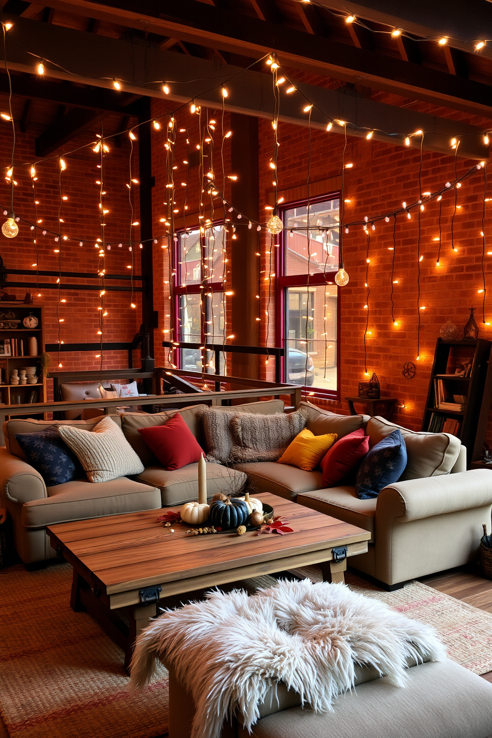 A cozy loft space adorned with hanging string lights that cast a warm and inviting glow throughout the room. Plush throw pillows in autumn colors are scattered across a large sectional sofa, complemented by a rustic wooden coffee table topped with seasonal decor.