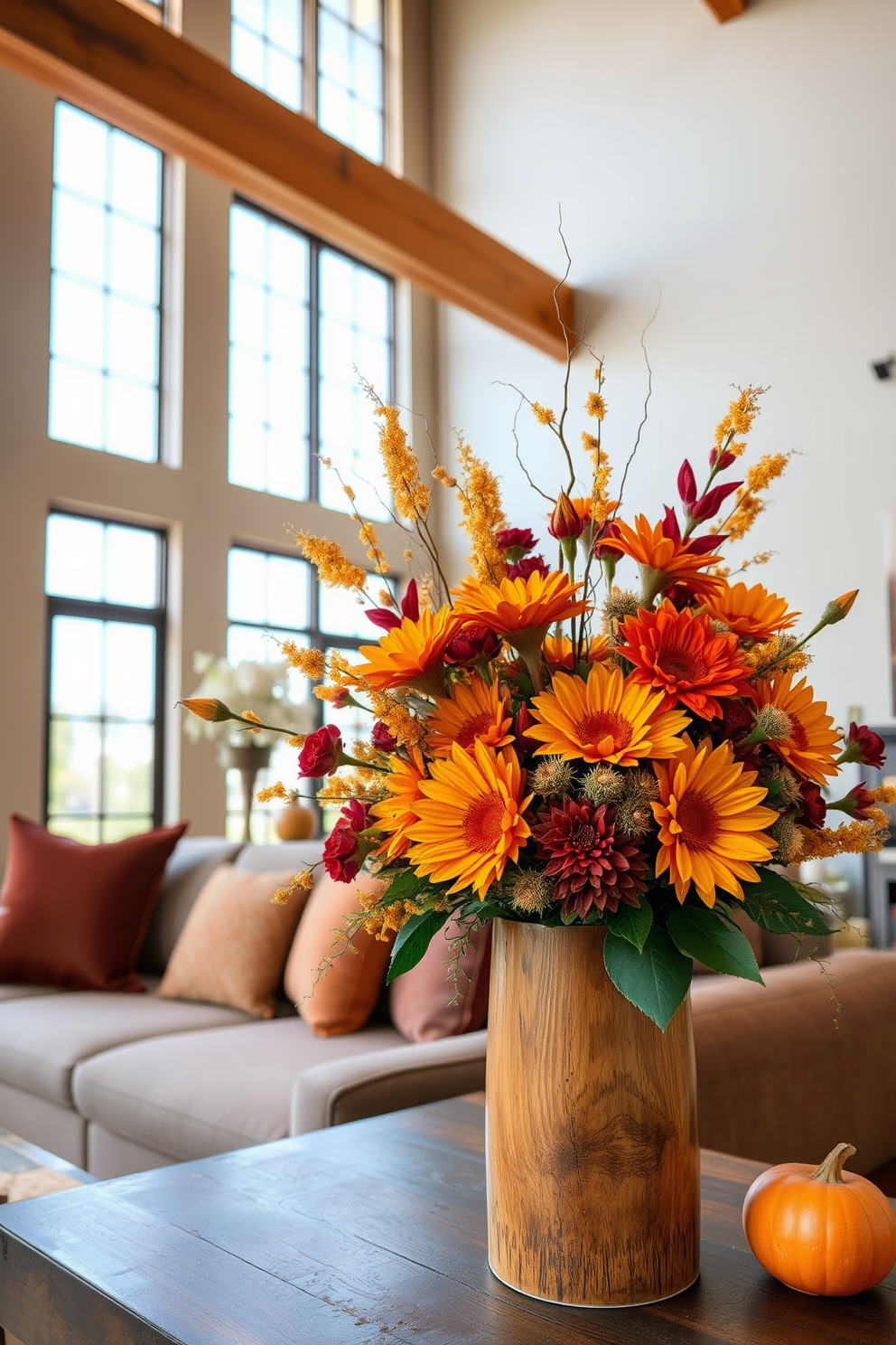 Floral arrangements featuring vibrant autumn blooms are artfully displayed in a rustic wooden vase. The arrangement includes rich hues of orange, deep red, and golden yellow, capturing the essence of fall in a cozy loft setting. The loft is adorned with warm, earthy tones, complemented by soft, textured fabrics that invite relaxation. Large windows allow natural light to flood in, highlighting the beauty of the seasonal decor and creating a welcoming atmosphere.