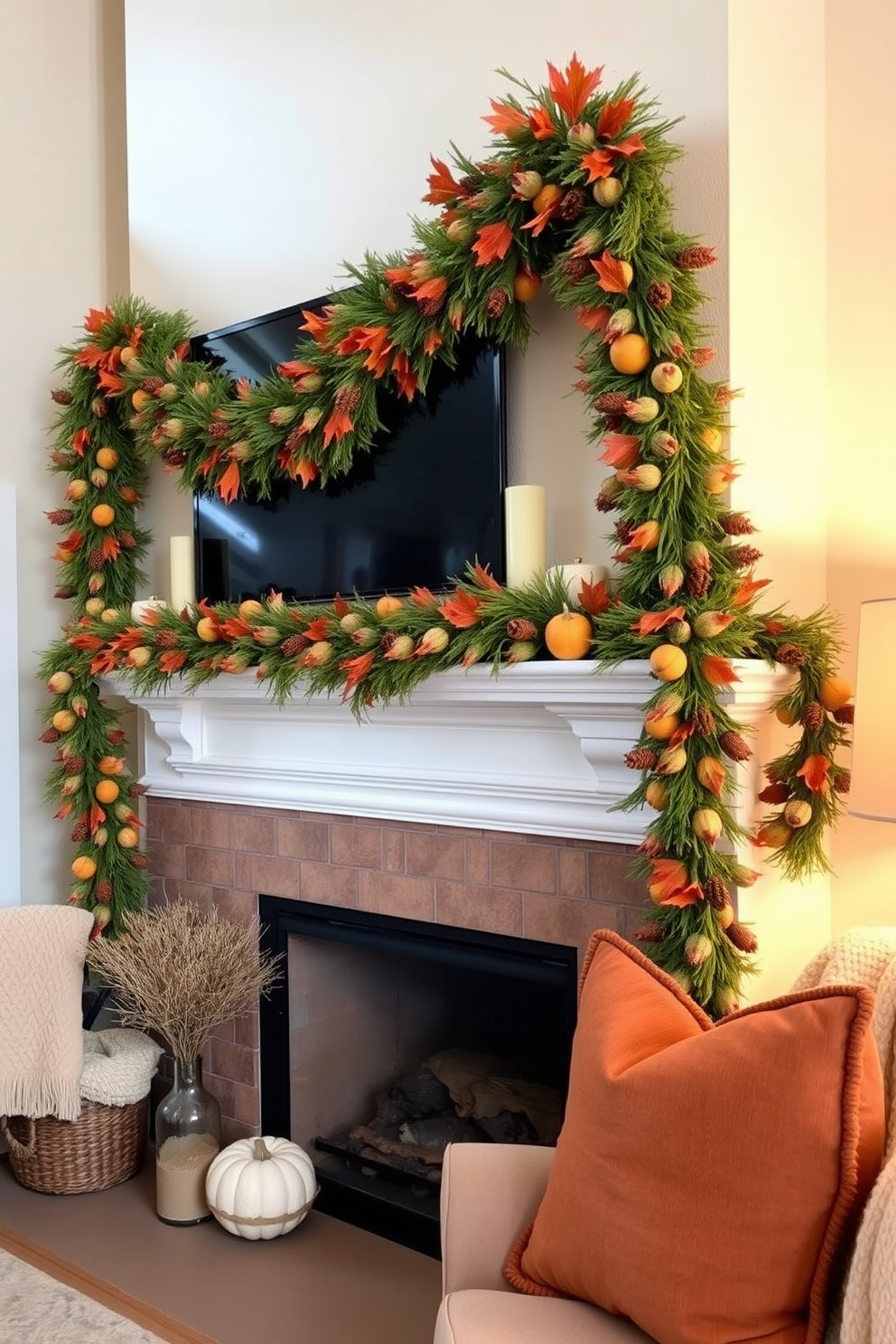 Seasonal garlands draped over mantels create a warm and inviting atmosphere. The garlands are adorned with autumn leaves, pinecones, and small pumpkins, enhancing the cozy feel of the loft. The mantel is decorated with rustic candles and wooden accents to complement the garland. Soft throw blankets and plush pillows in warm tones are arranged on nearby seating to complete the fall-inspired look.