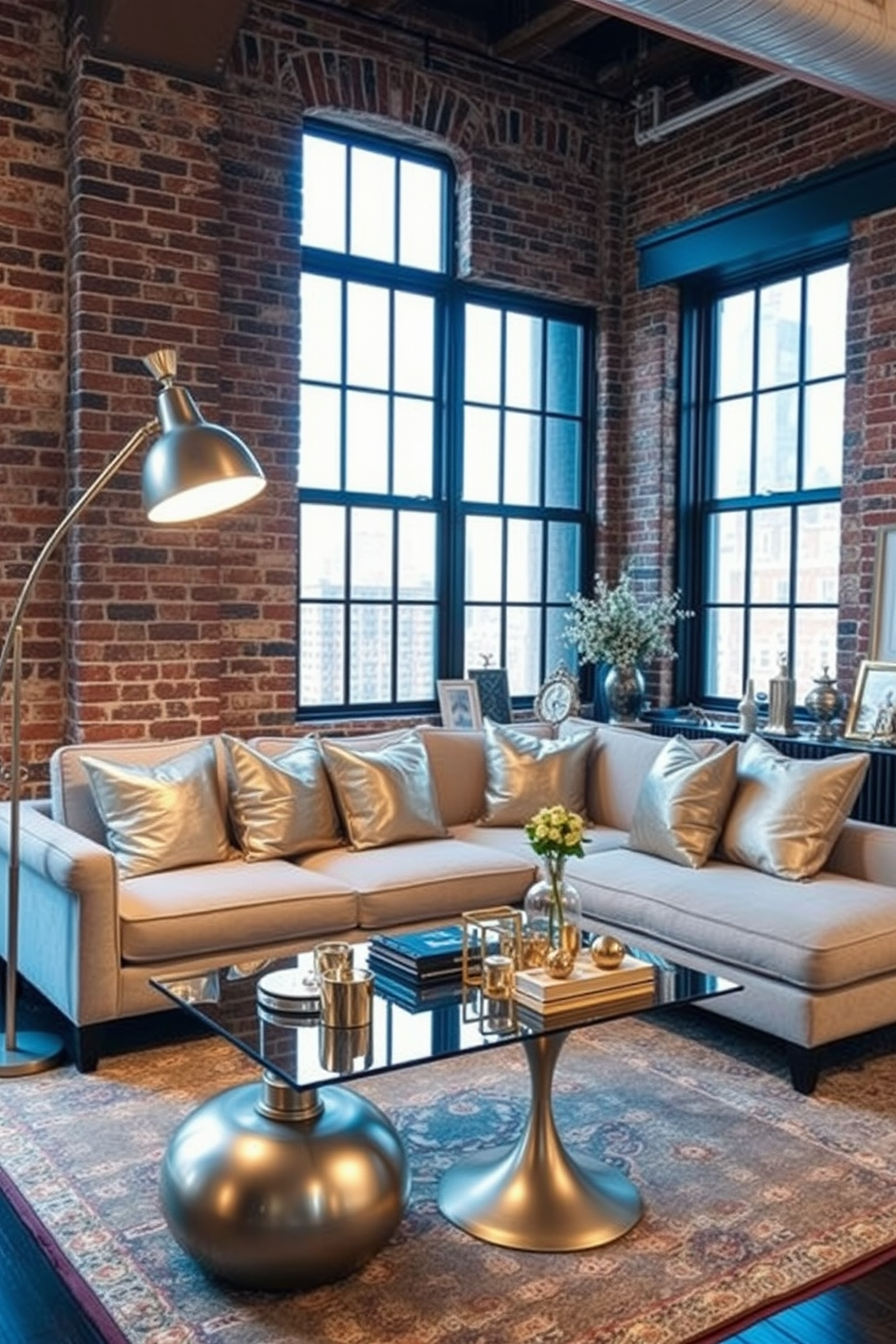 A cozy loft space featuring exposed brick walls and large windows that let in natural light. The decor includes a plush sectional sofa adorned with metallic throw pillows and a sleek coffee table with a metallic base. Incorporate a stylish metallic floor lamp that adds warmth to the room. The space is accented with gold and silver decorative items, such as picture frames and vases, to enhance the elegant atmosphere.