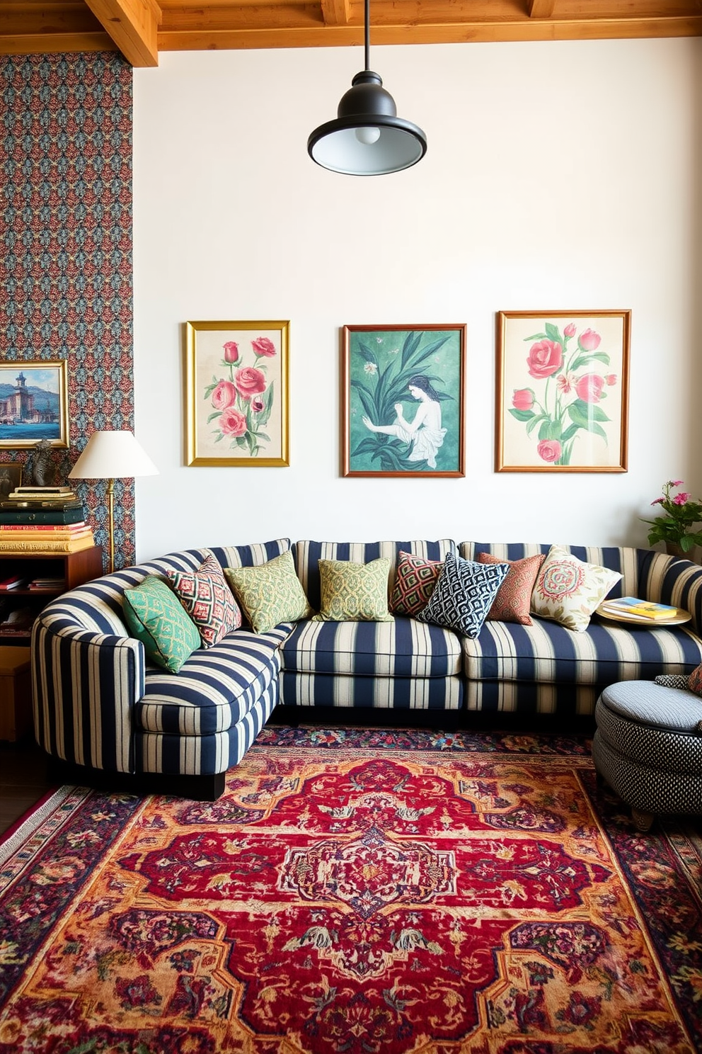 A cozy loft space with a rich tapestry of patterns. The walls are adorned with a mix of geometric wallpaper and floral art, creating a vibrant backdrop. A plush sectional sofa is covered in a bold striped fabric, surrounded by an array of patterned throw pillows. A vintage area rug with intricate designs anchors the seating area, adding warmth and texture.