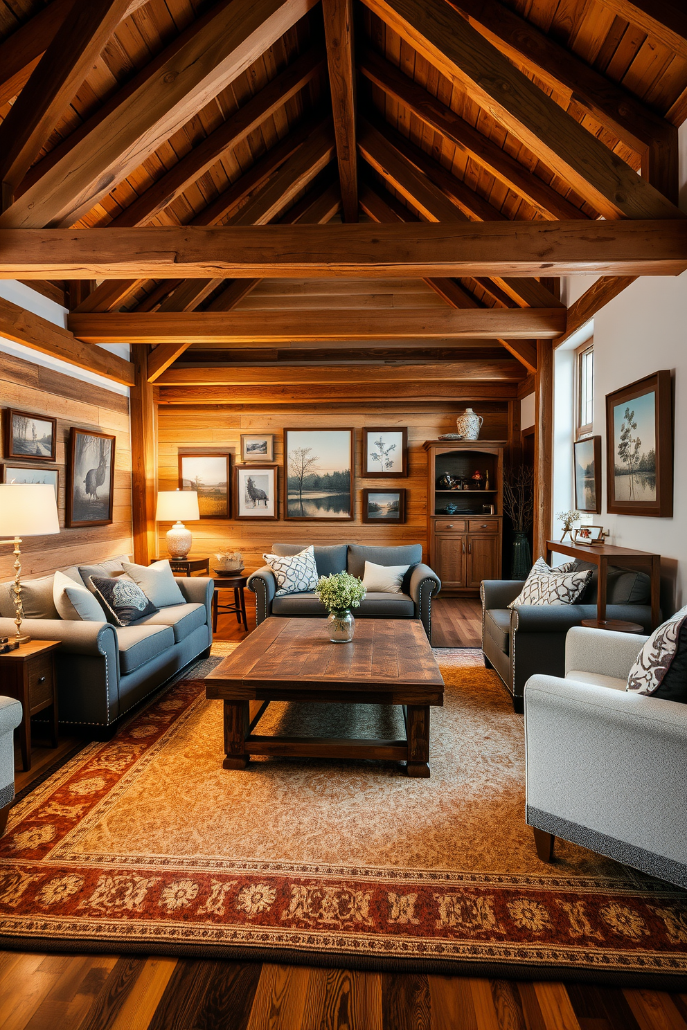 A cozy loft space with rustic wood accents creates a warm and inviting atmosphere. Exposed wooden beams stretch across the ceiling, while a reclaimed wood coffee table sits in the center of the room surrounded by plush seating. The walls are adorned with vintage-inspired decor, featuring framed nature prints and soft textiles. A large area rug with earthy tones anchors the space, complemented by soft lighting from a stylish floor lamp.