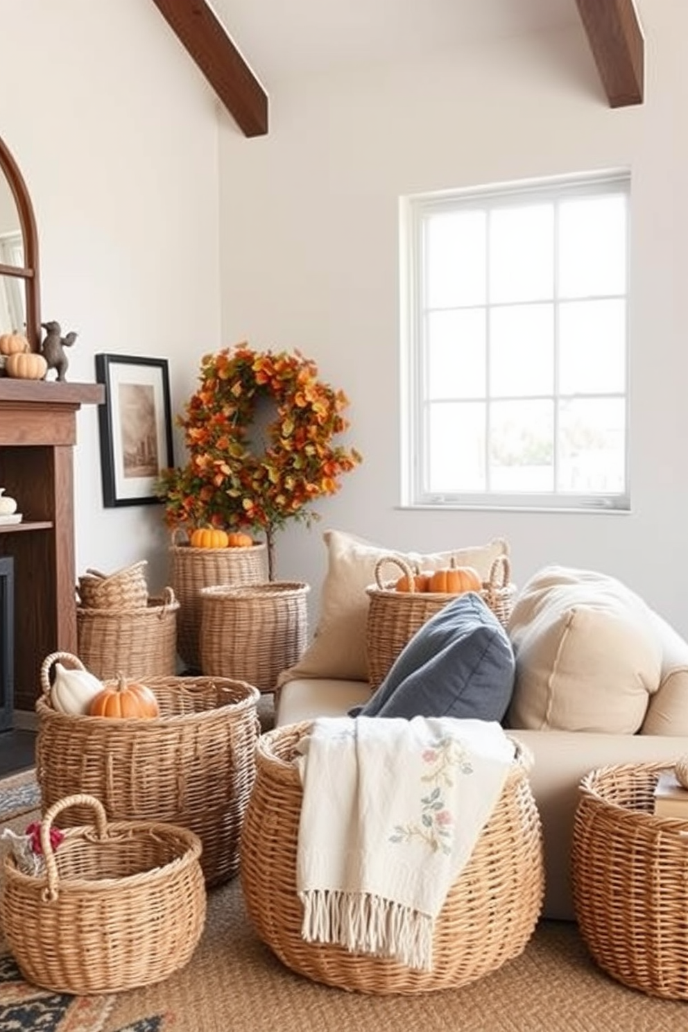 Create a cozy fall loft setting featuring decorative baskets that serve both functional and aesthetic purposes. The space is filled with warm autumn colors, and the baskets are woven from natural materials, adding texture and charm to the overall decor.