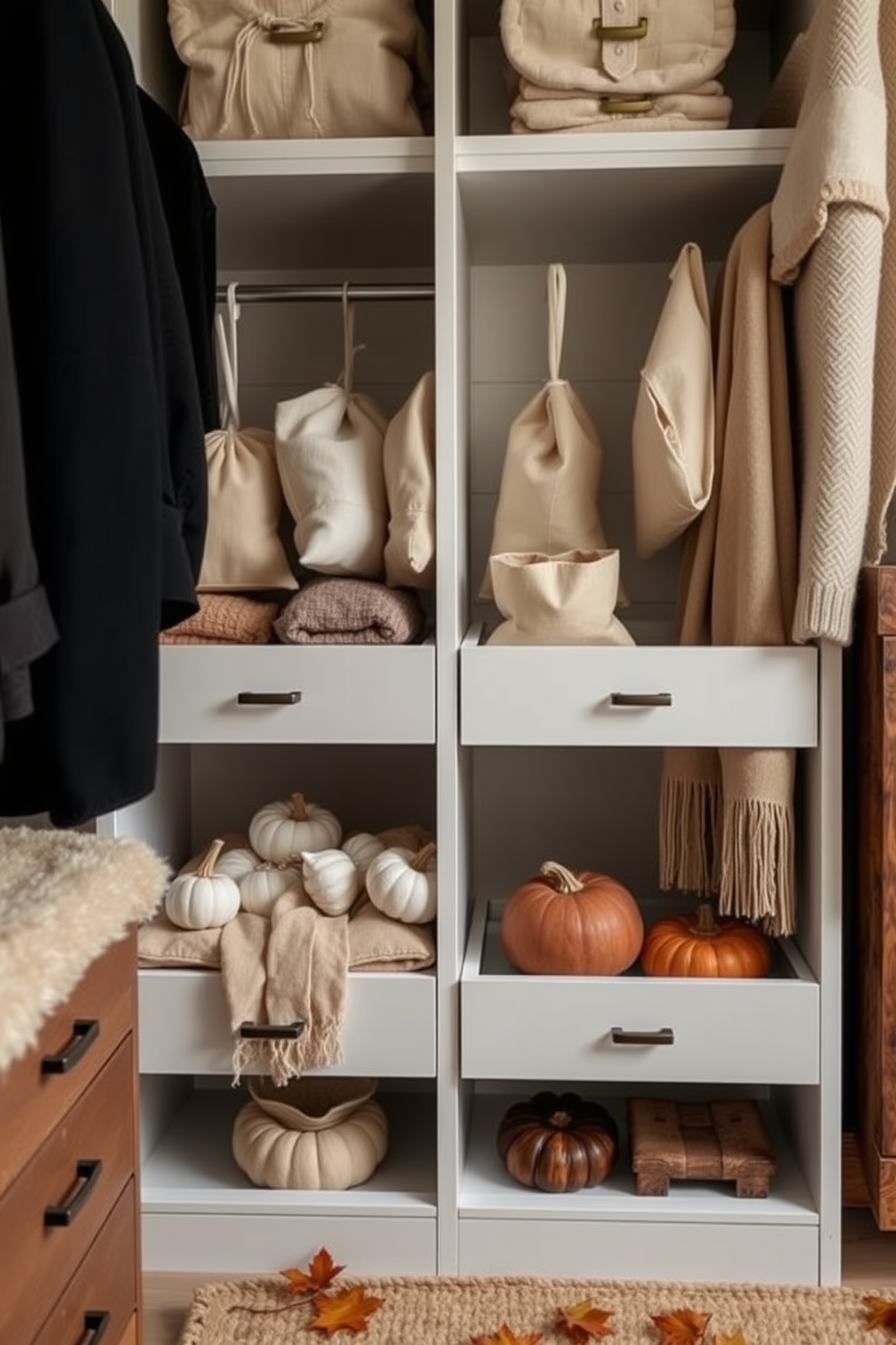 Create an inviting closet space featuring scented sachets tucked within drawers and hanging from closet rods. The sachets are elegantly designed with soft fabrics and natural colors, enhancing the overall aesthetic of the space. Design a cozy fall loft that incorporates warm tones and layered textures. Include elements such as plush throw blankets, rustic wooden furniture, and seasonal decor like pumpkins and autumn leaves.