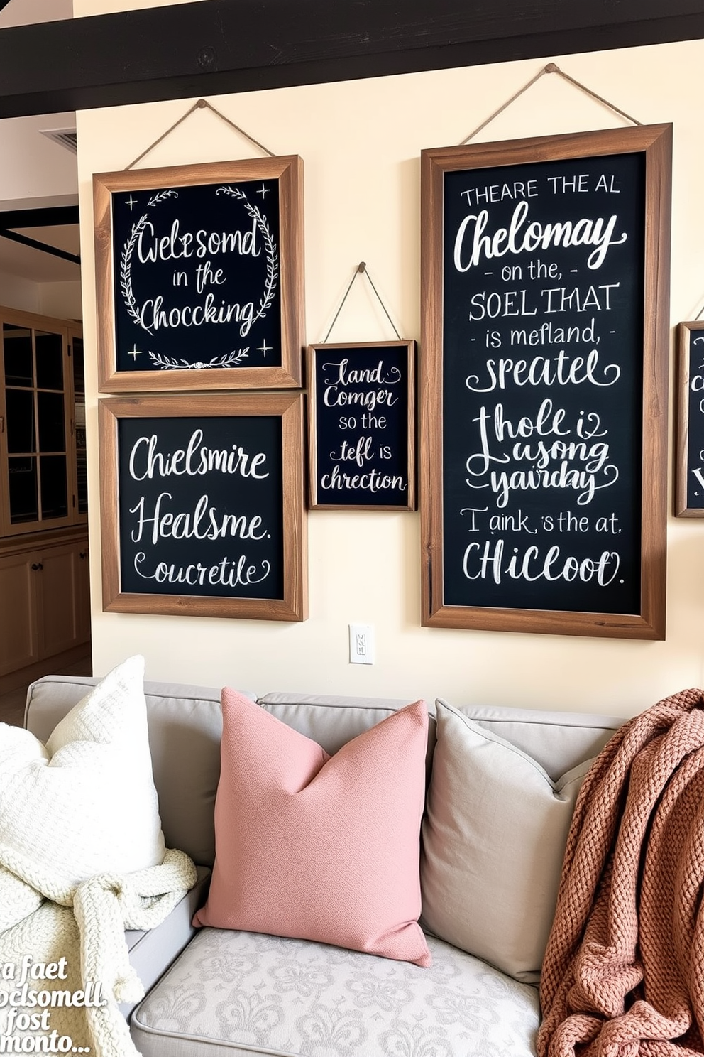 Chalkboard signs adorned with seasonal quotes create a warm and inviting atmosphere in a cozy loft. The signs are framed in rustic wood, hanging against a backdrop of soft, neutral-colored walls, complemented by plush throw pillows and textured blankets.