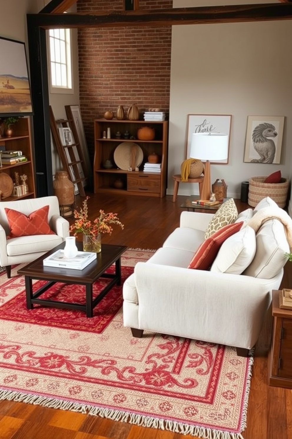 Layered rugs in a cozy loft space create a warm and inviting atmosphere. The combination of a large neutral base rug topped with a smaller patterned rug adds depth and visual interest to the room. Incorporate natural elements such as wooden furniture and soft textiles to enhance the fall theme. Rich autumn colors like burnt orange and deep burgundy can be used in throw pillows and decorative accents to complement the layered rugs.