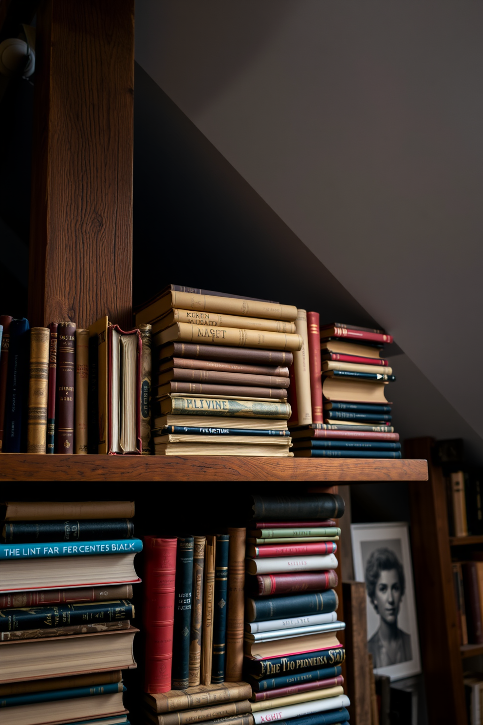 A cozy loft space adorned with vintage books stacked artfully on a reclaimed wood shelf. The warm tones of the books create a rustic charm, complemented by soft, ambient lighting that enhances the inviting atmosphere.