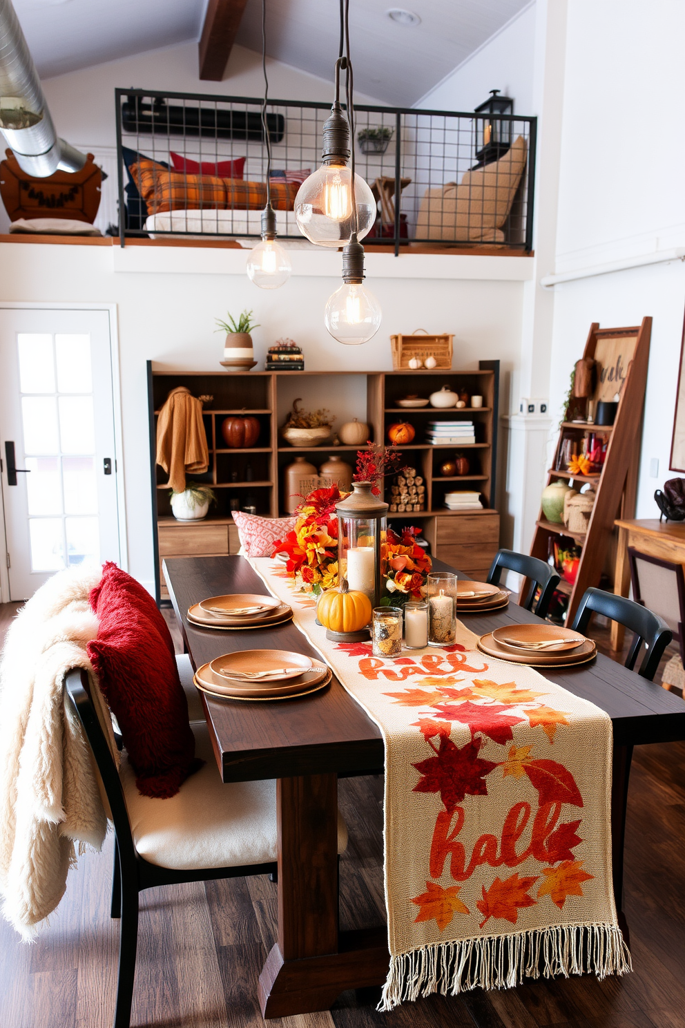 A cozy dining area adorned with fall-themed table runners that feature warm hues of orange, red, and gold. The table is set with rustic wooden plates and autumnal centerpieces, creating a welcoming atmosphere for gatherings. In a loft space, the decor embraces a fall aesthetic with plush throws and cushions in rich, earthy tones. A mix of modern and vintage elements, such as a reclaimed wood dining table and industrial lighting, enhances the seasonal charm.