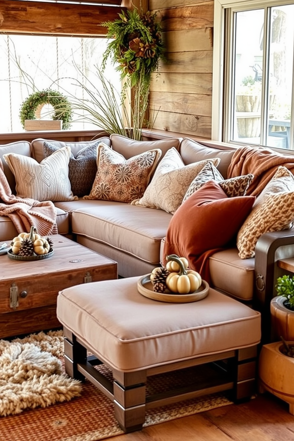 Comfortable seating with oversized cushions creates a warm and inviting atmosphere. The space features a mix of earthy tones and soft textures, complemented by rustic wooden accents and cozy throw blankets. Incorporate elements like a plush area rug and warm lighting to enhance the cozy feel. Add seasonal decorations such as pumpkins or pinecones to reflect the charm of fall.