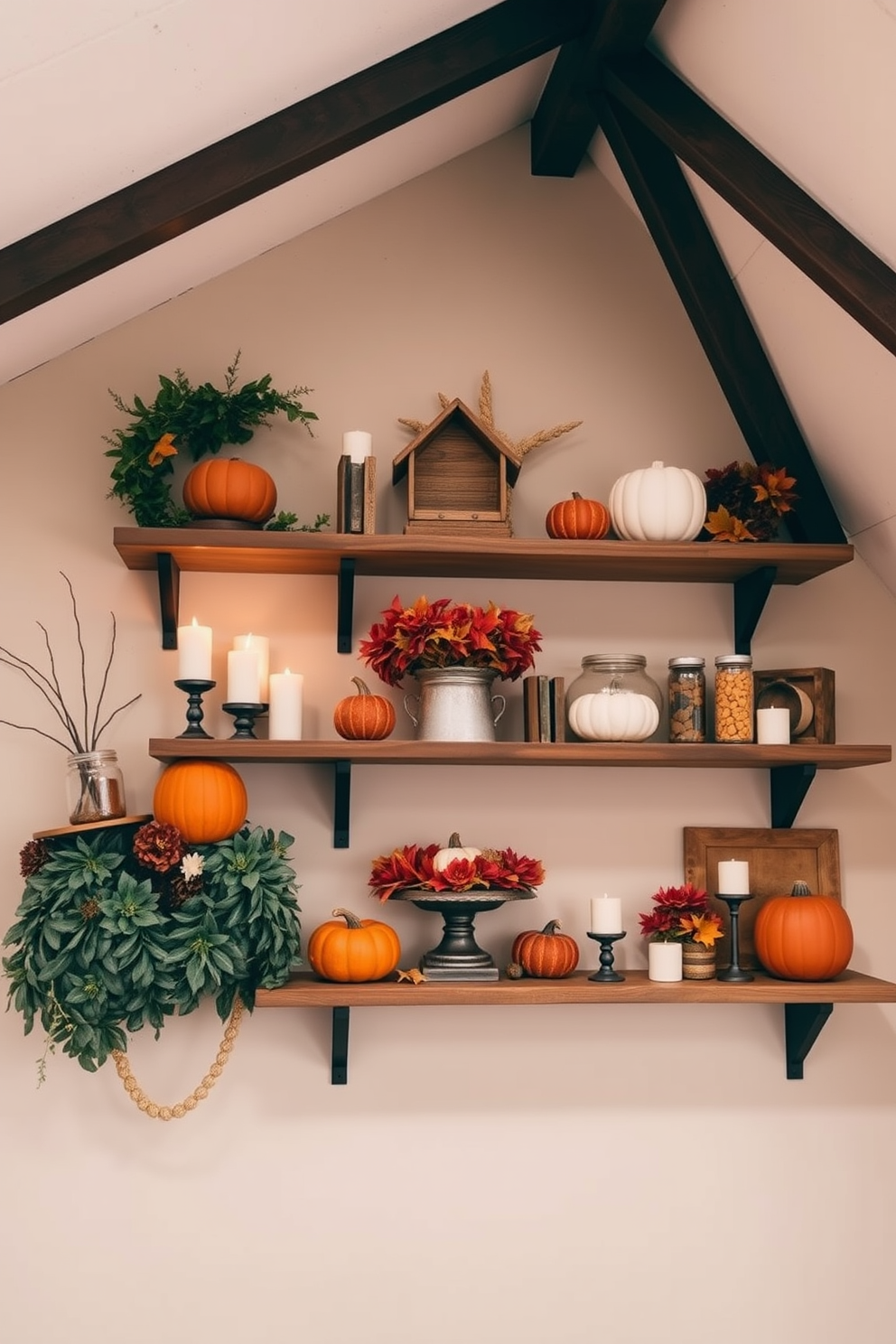 A cozy fall loft setting with wall-mounted shelves showcasing decorative displays. The shelves are adorned with pumpkins, candles, and autumn leaves, creating a warm and inviting atmosphere.