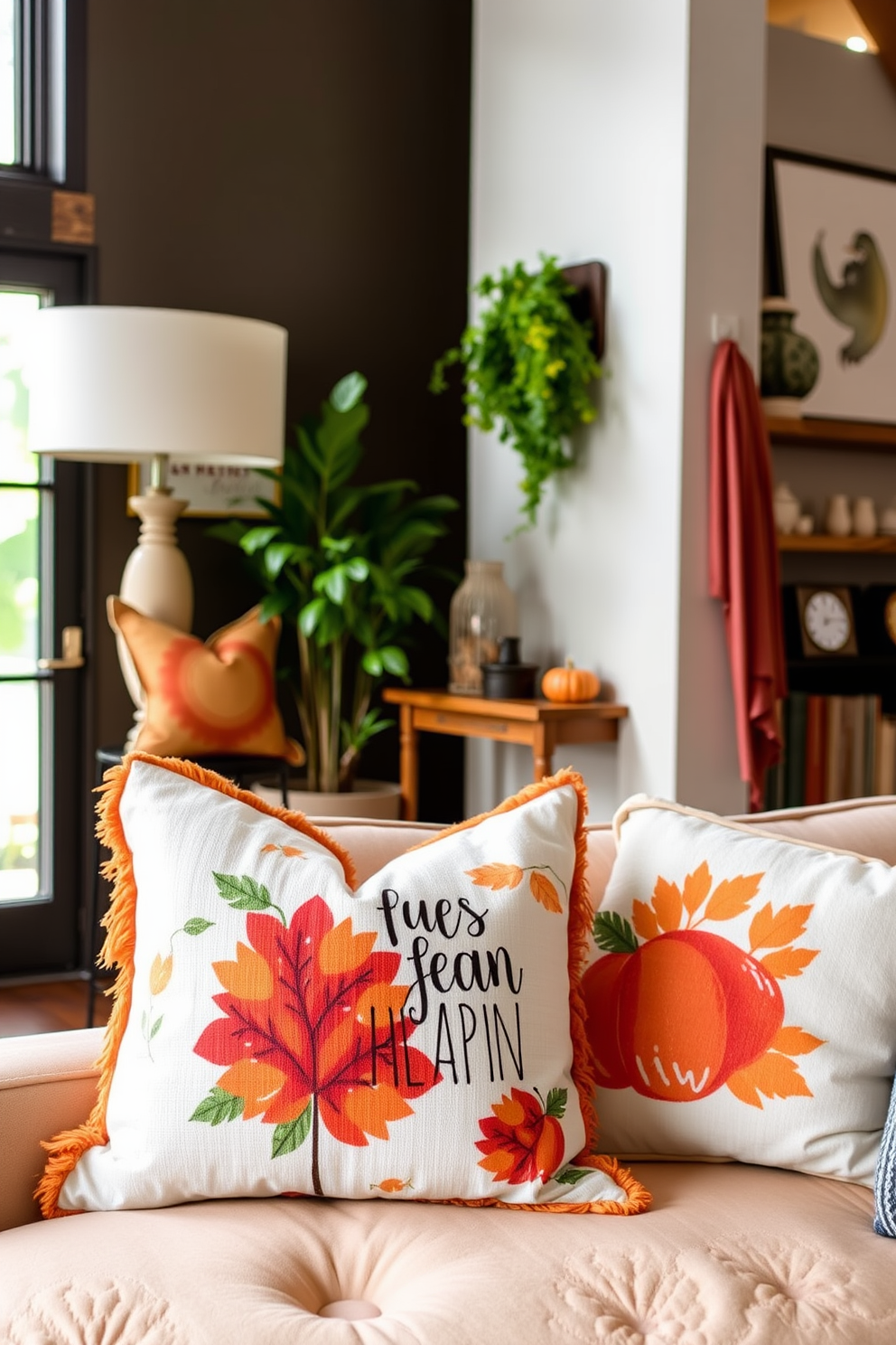 Seasonal throw pillows with fun designs adorn a cozy loft living area. The pillows feature vibrant autumn colors and playful patterns, adding warmth and personality to the space.