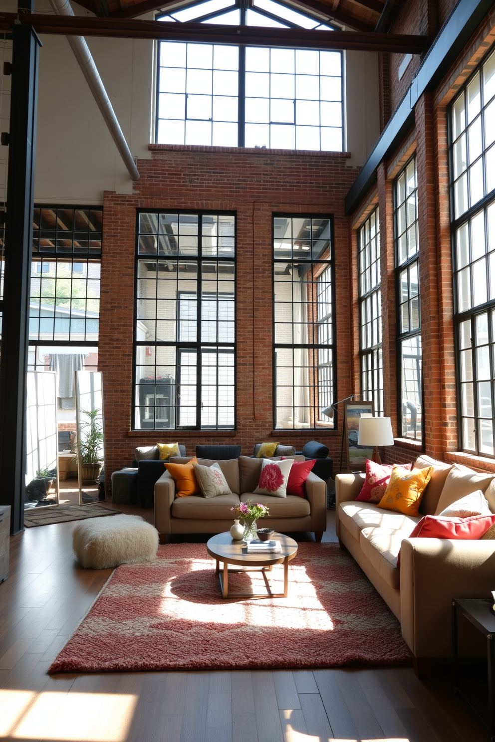 A spacious loft filled with natural light features large windows that allow sunlight to flood the space. To enhance the brightness, strategically placed mirrors reflect the light and create an illusion of depth throughout the room. The decor combines industrial elements with cozy accents, showcasing exposed brick walls and wooden beams. Plush furniture in neutral tones is complemented by vibrant throw pillows and a large area rug, creating a welcoming atmosphere.