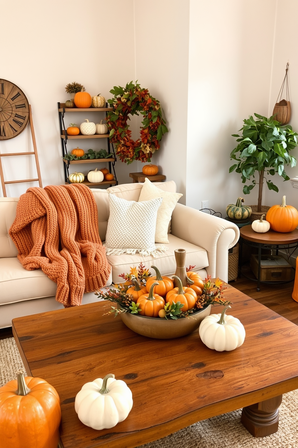 A cozy loft adorned with pumpkin-themed decor to celebrate the fall season. There are various sizes of pumpkins in shades of orange and white scattered throughout the space, adding warmth and charm. The living area features a plush, cream-colored sofa draped with a knitted throw in autumn hues. A rustic wooden coffee table is topped with a centerpiece of mini pumpkins and seasonal foliage, enhancing the festive atmosphere.