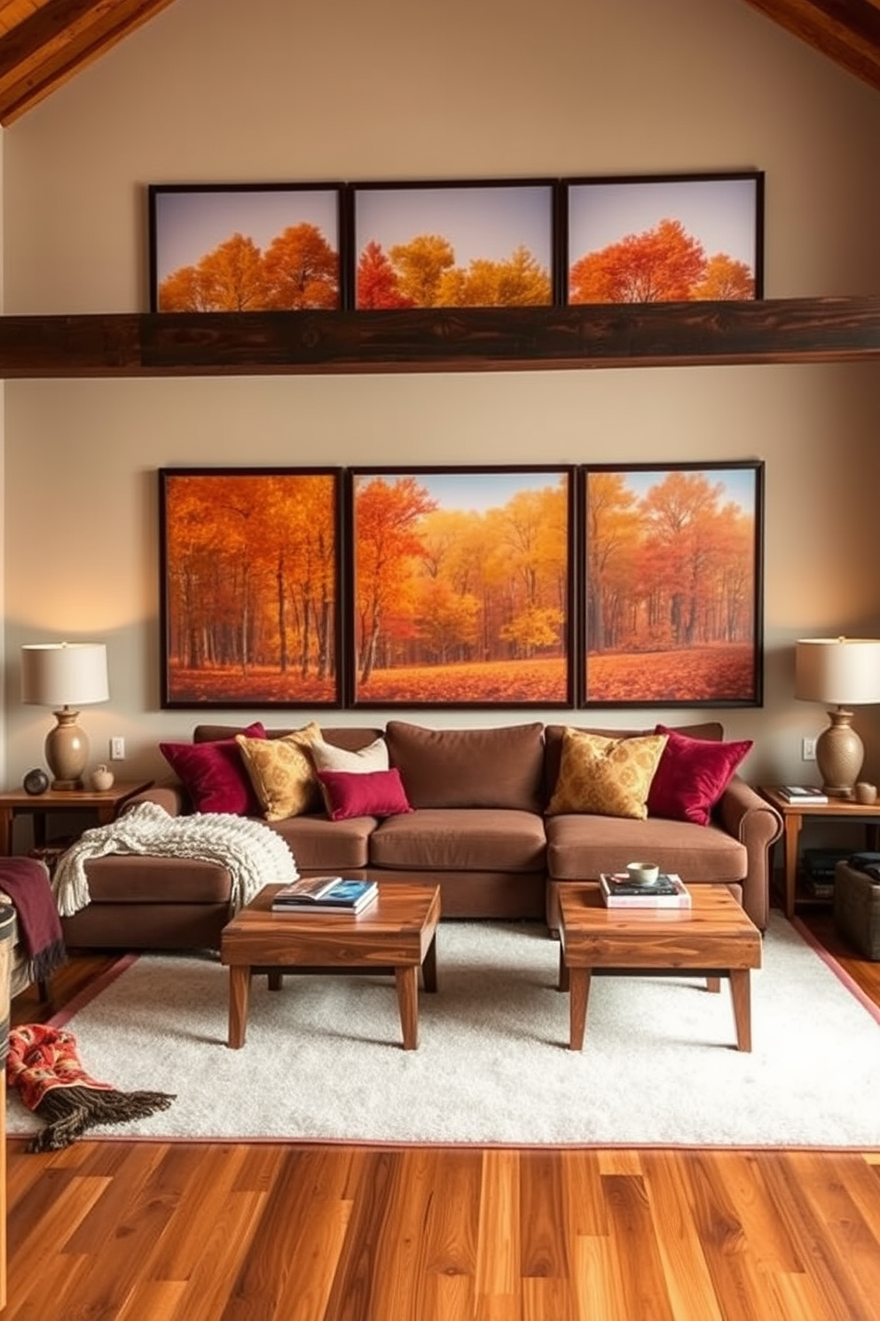 A cozy loft space adorned with warm, earthy tones. The walls are decorated with large framed artwork depicting vibrant fall landscapes, showcasing trees in shades of orange, yellow, and red. In the center of the room, a plush sectional sofa invites relaxation, surrounded by wooden coffee tables. Soft throw blankets and cushions in autumnal colors add comfort and warmth to the space.